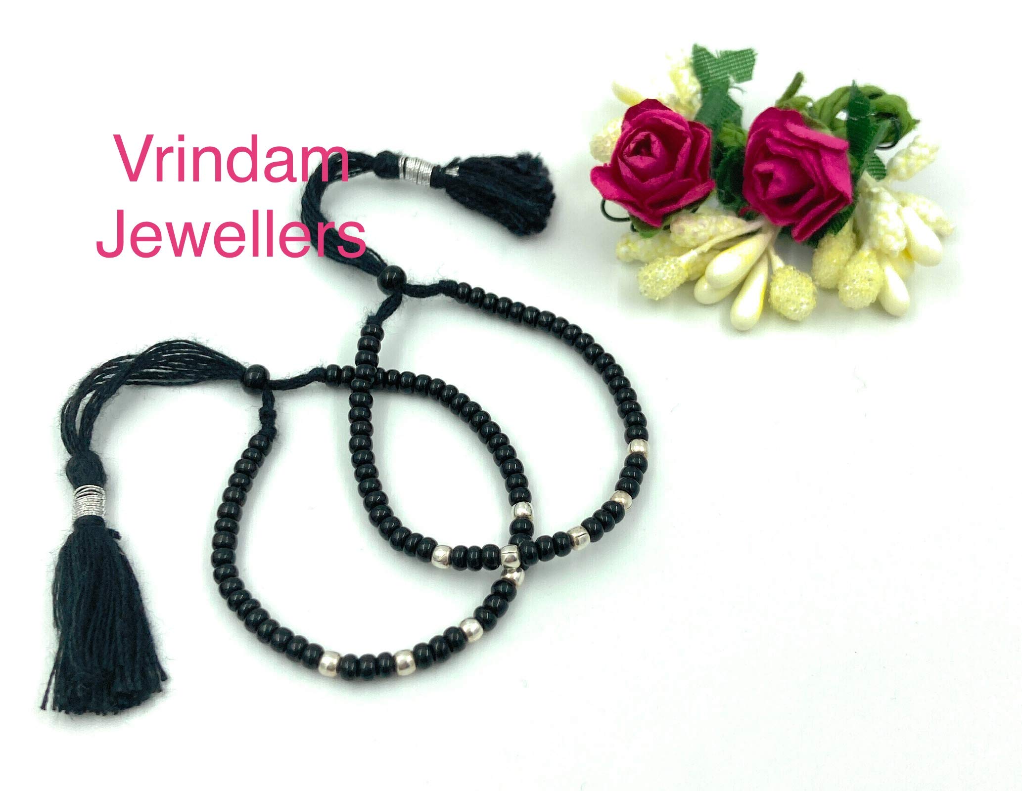 VRINDAM JEWELLERS 925 Sterling Silver Baby Nazariya Bracelet Pair | Black Beads Adjustable Kada for Infants & Newborns | Evil Eye Protection Jewelry | Traditional Handmade Silver Bracelet Set 1