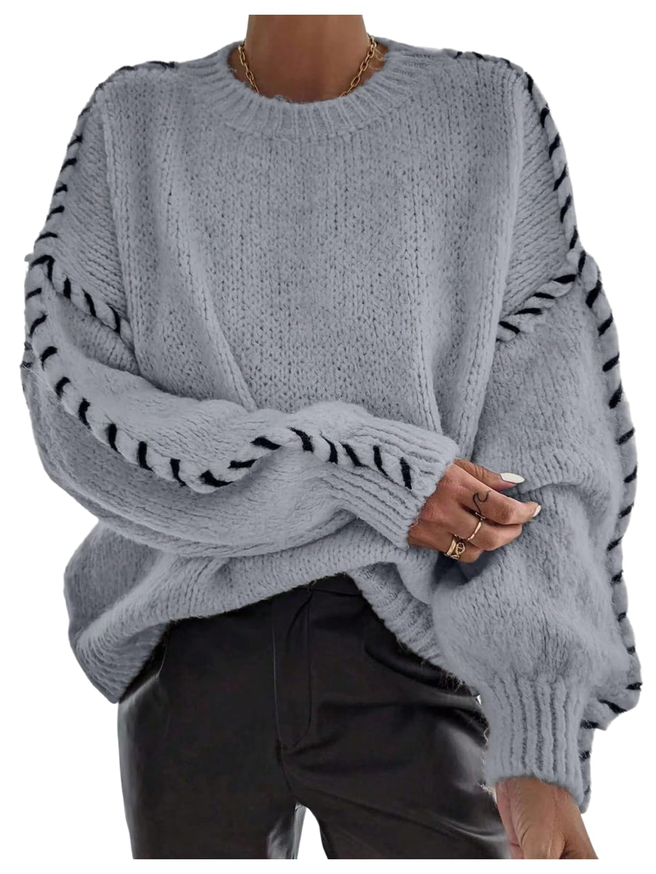 Womens Fall Oversized Sweaters Stitching Long Sleeve Crew Neck Baggy Knit Pullover Jumper Tops