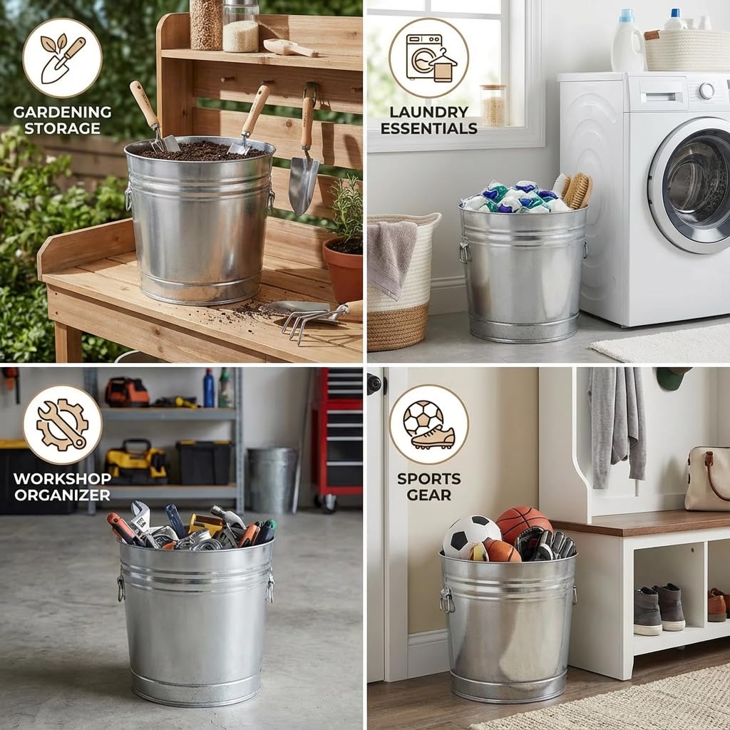 6 Gallon Galvanized Steel Storage Can,Bin w/Locking Lid & Handle,Round Trash Can Galvanized Bucket for Food,Dry Goods & More