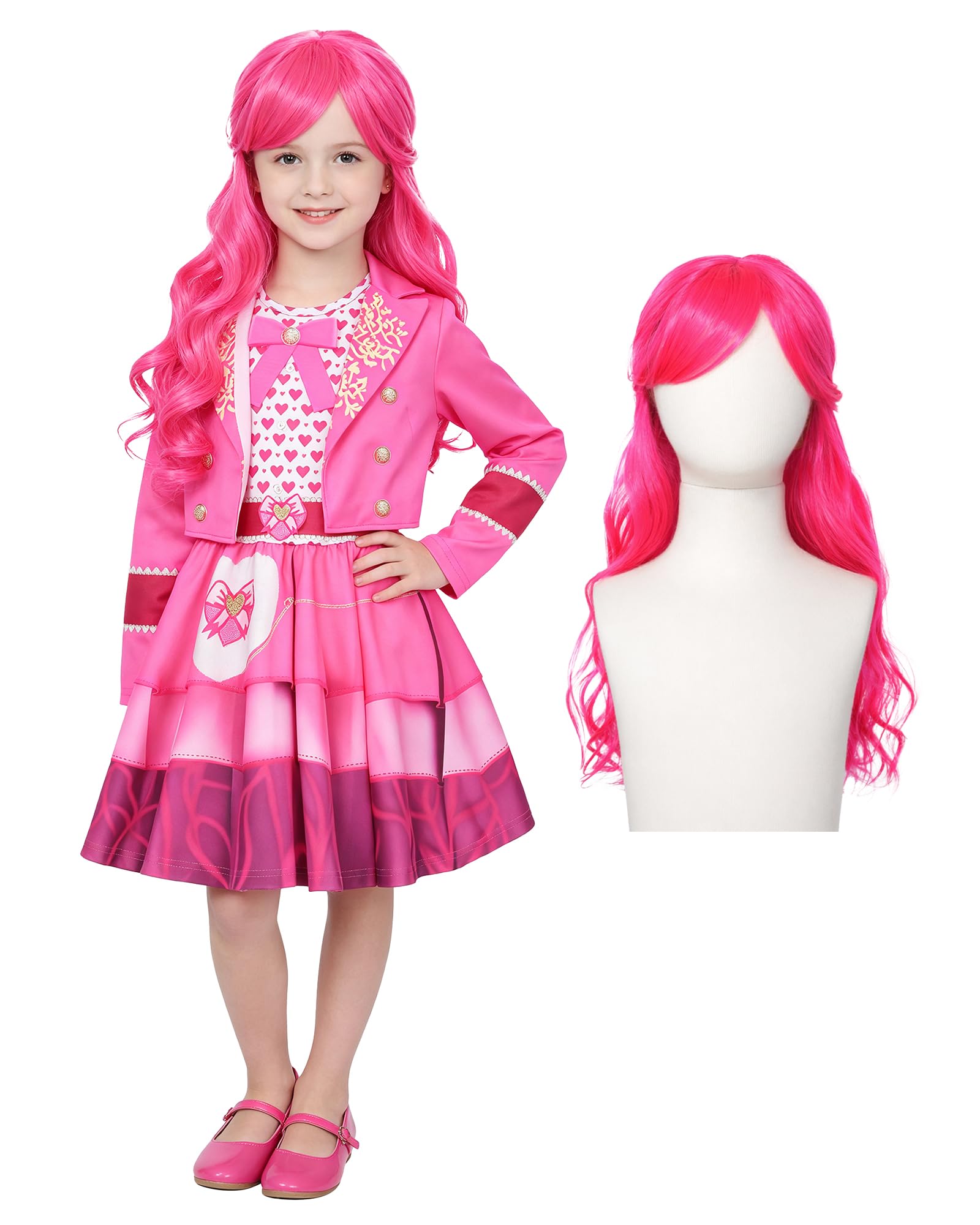 Pink Wonderland Costume with Wig Girls Princess Dress for Kids 5-12 Years