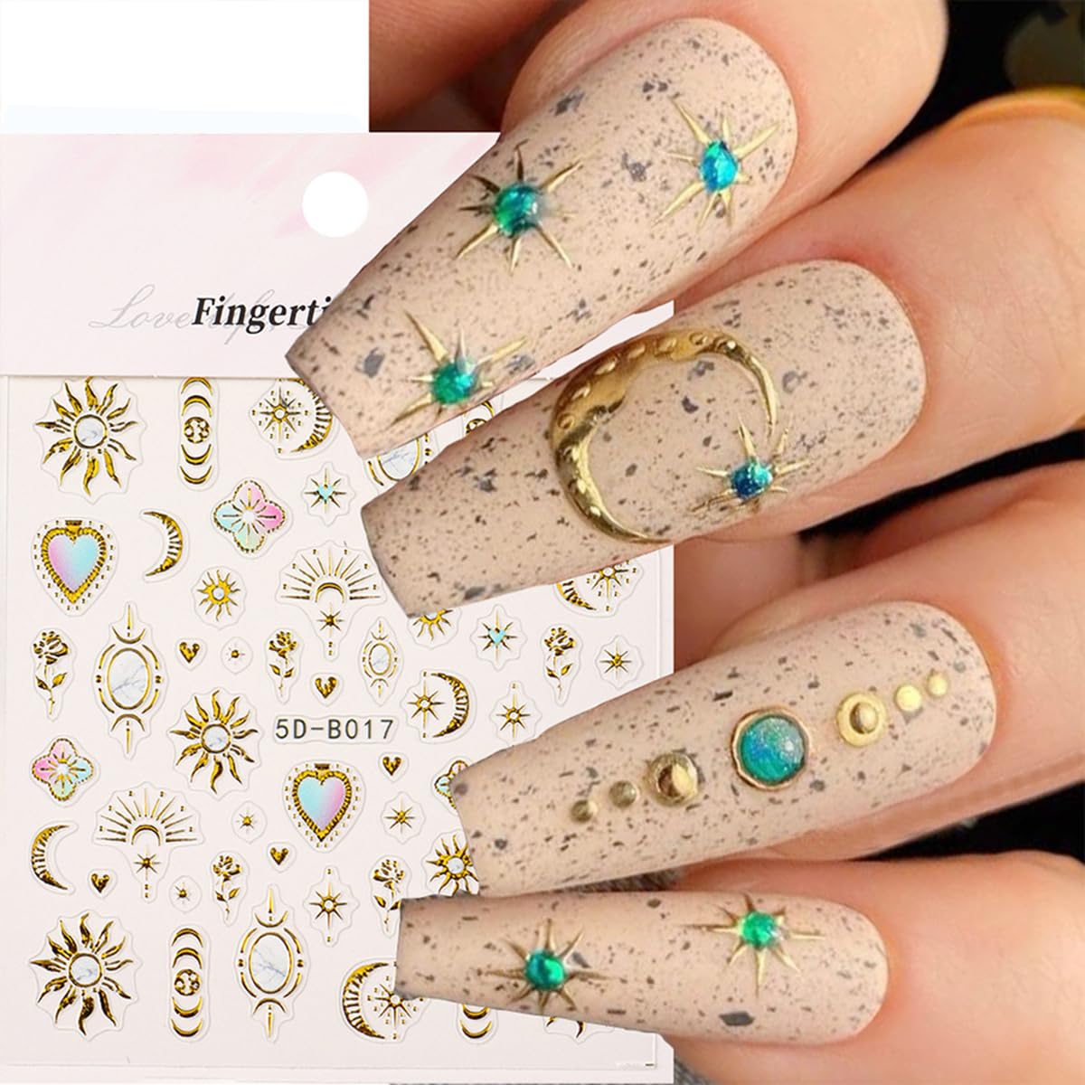 Sun Moon Nail Art Stickers Decals Bohemian Style 5D Embossed Nail Decals 2PCS Gold Bronzing Star Moon Totem Luxury Nails Design Adhesive Sticker