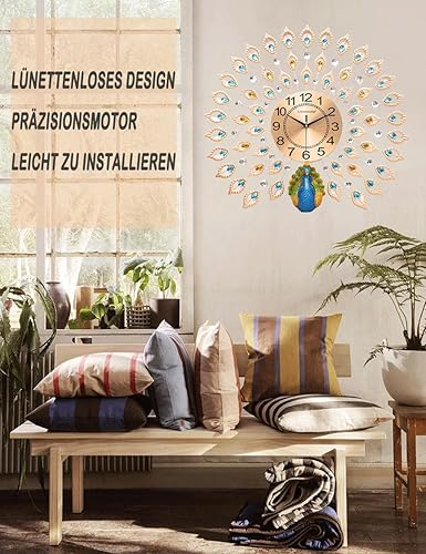 Miniatura 3 de Reloj de pared grande con diseño de pavo real, sin tictac, cristal silencioso, personalidad creativa, arte moderno de lujo, relojes de pared