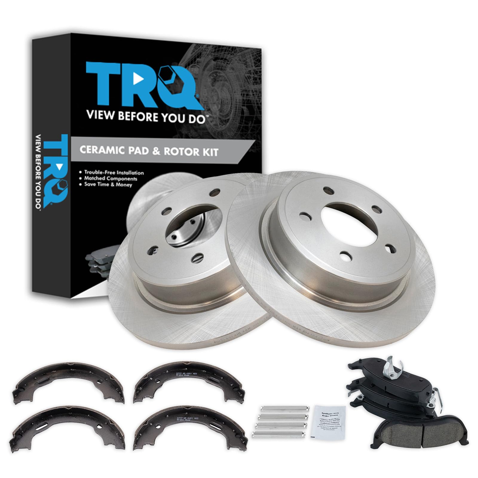 TRQ Rear Brake Pad and Rotor Set Ceramic Parking Shoe Compatible with 2004-2008 Chrysler Pacifica