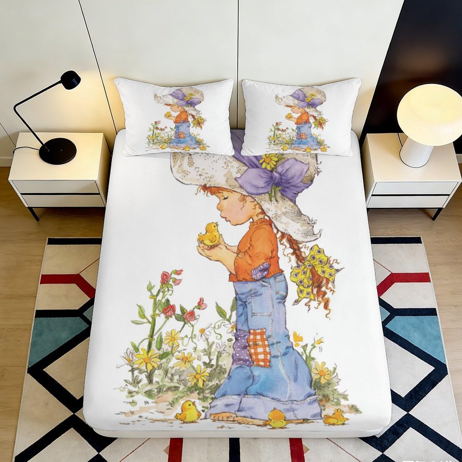 3D Printed Cottage Girl Fitted Sheet Microfiber Deep Pocket Bedroom Bedding Washable Elastic Hem Cottage Girl Mattress Fitted Cover 140x200x25cm