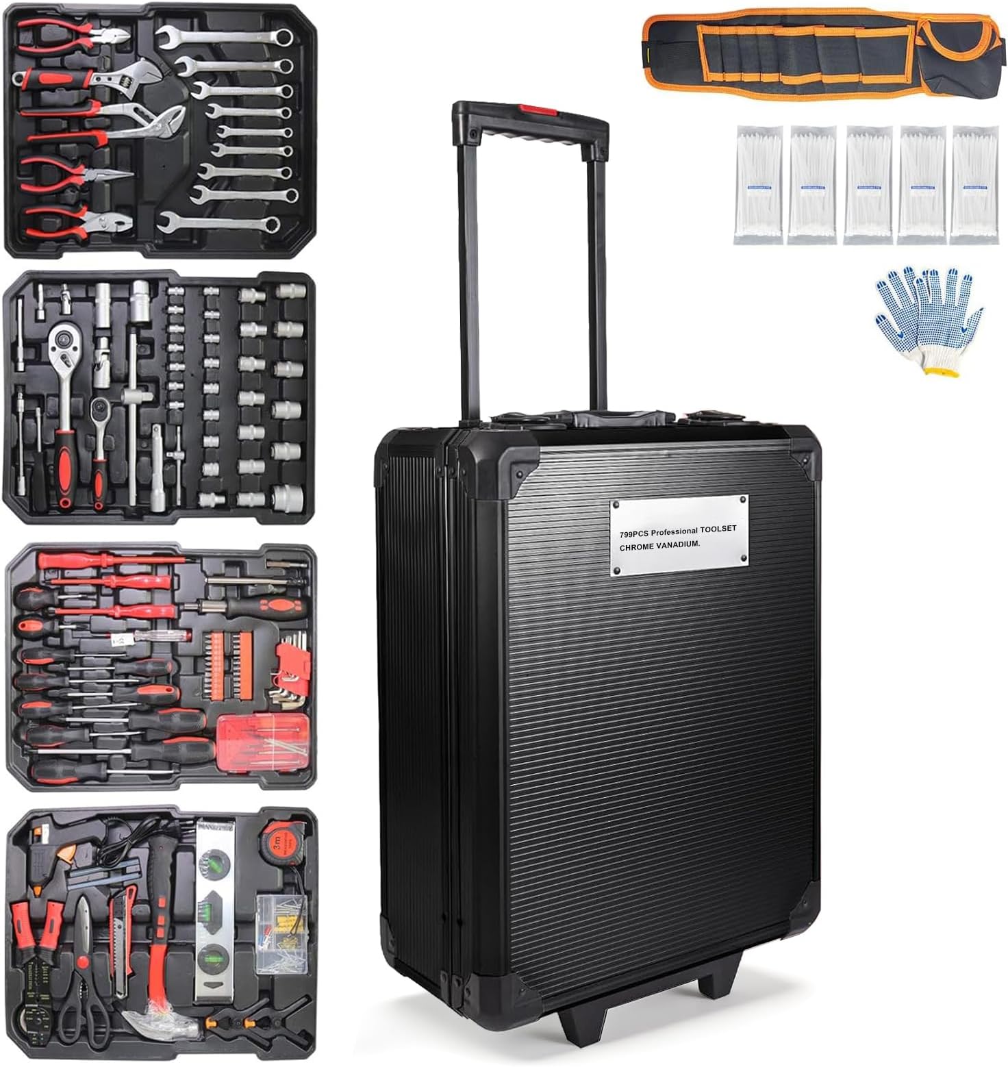 799pcs Aluminum Trolley Case Tool Set Silver, House Repair Kit Set, Household Hand Tool Set, with Tool Belt,Gift on Father's Day (Black)