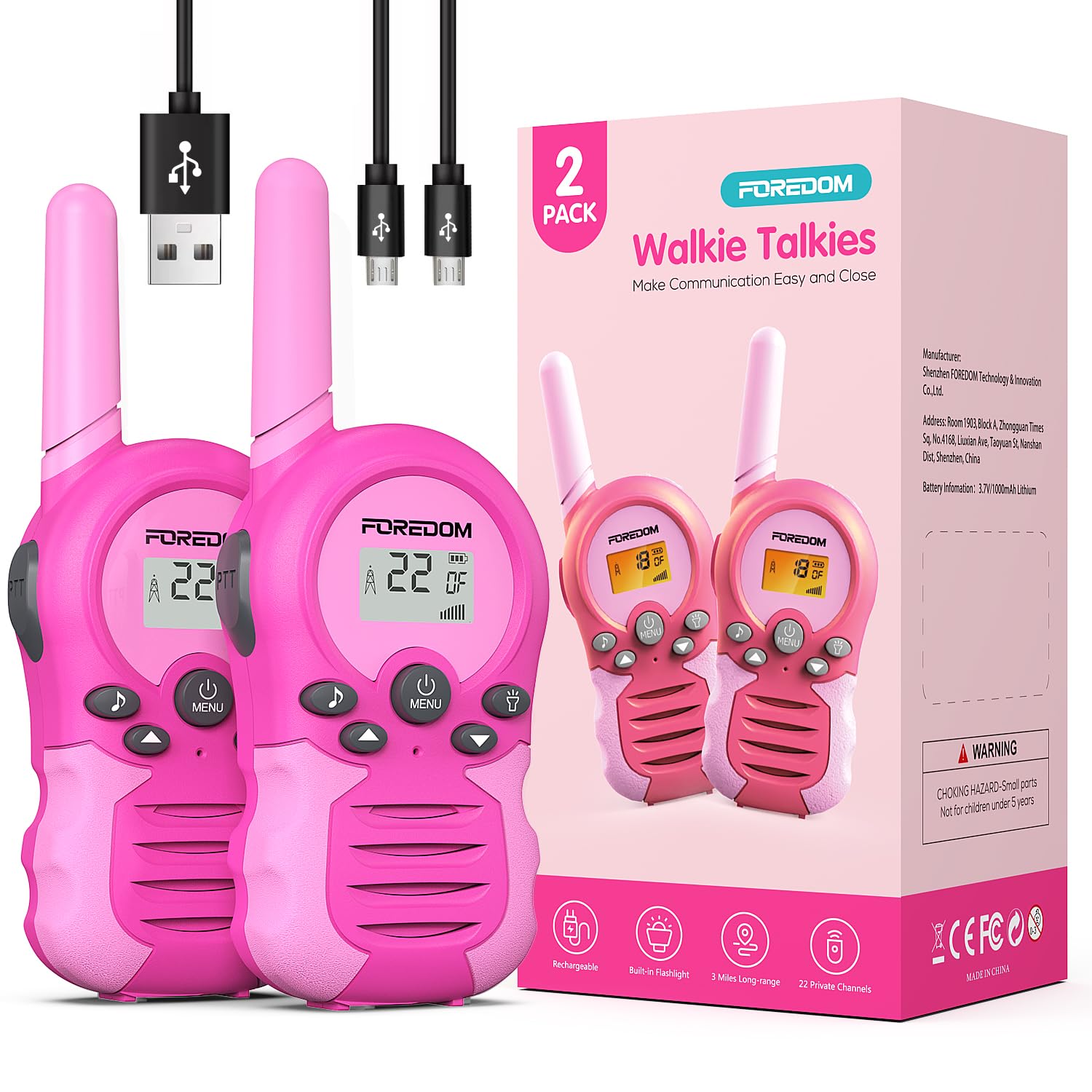 FOREDOM Walkie Talkies for Kids Rechargeable 2 Pack Long Range Pink　並行輸入