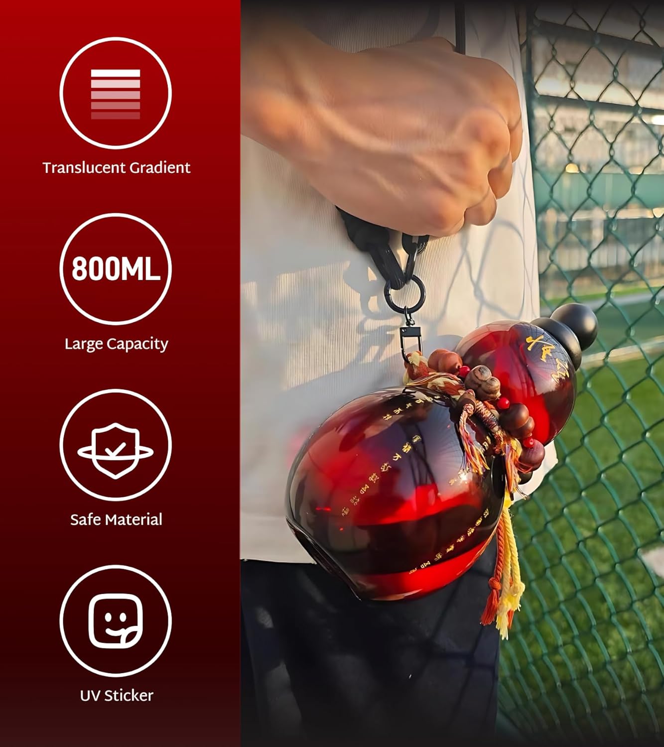 Monkey King Gourd Water Bottle,28 oz Reusable Leakproof Sports Plastic Water Bottle,for Travel Gym,Cosplay Props Decoration,with Straps,Stickers (red)