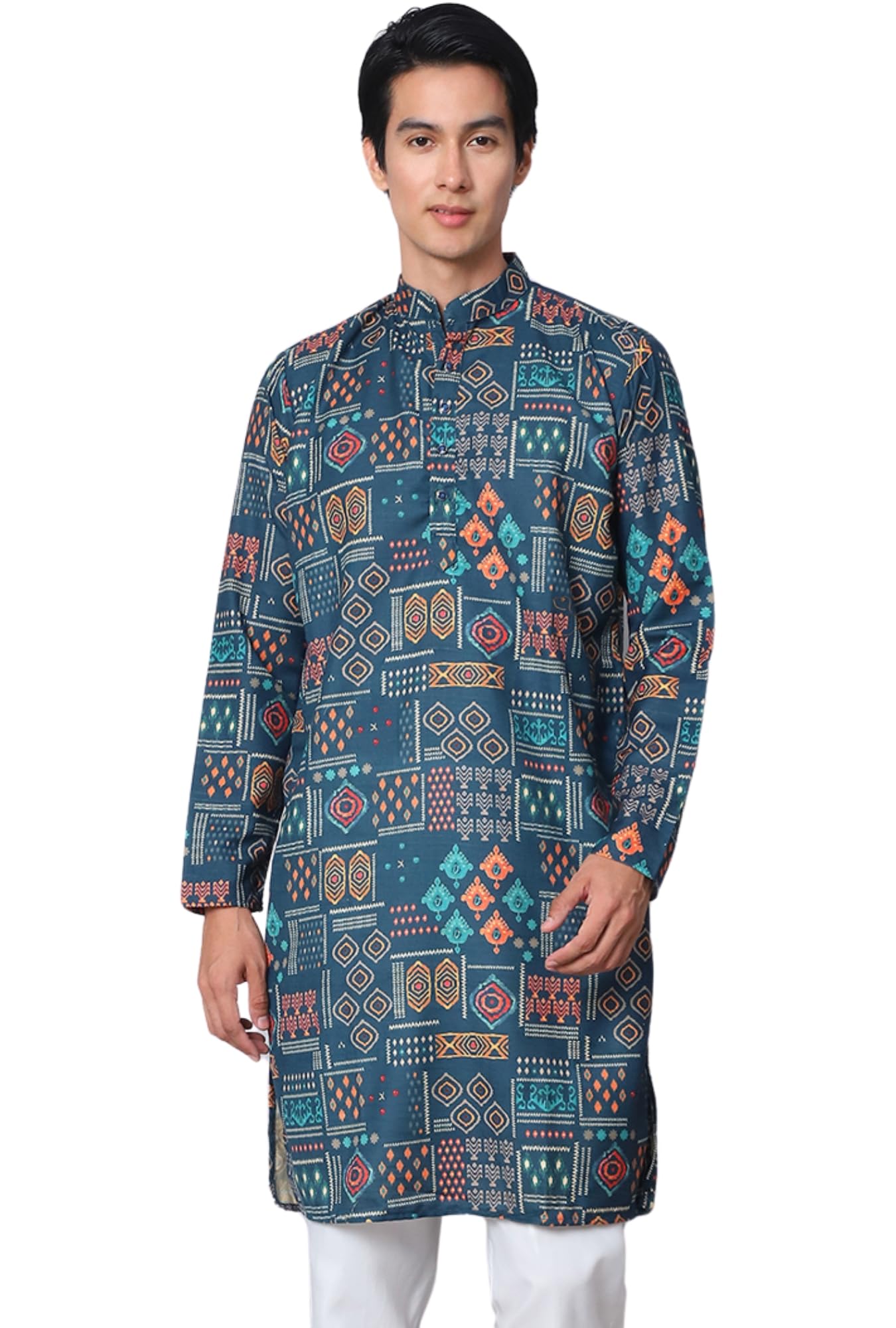 Majestic ManMen's Cotton Blend Regular Fit Casual Poly Ethnic Motifs Printed Long Regular Kurta