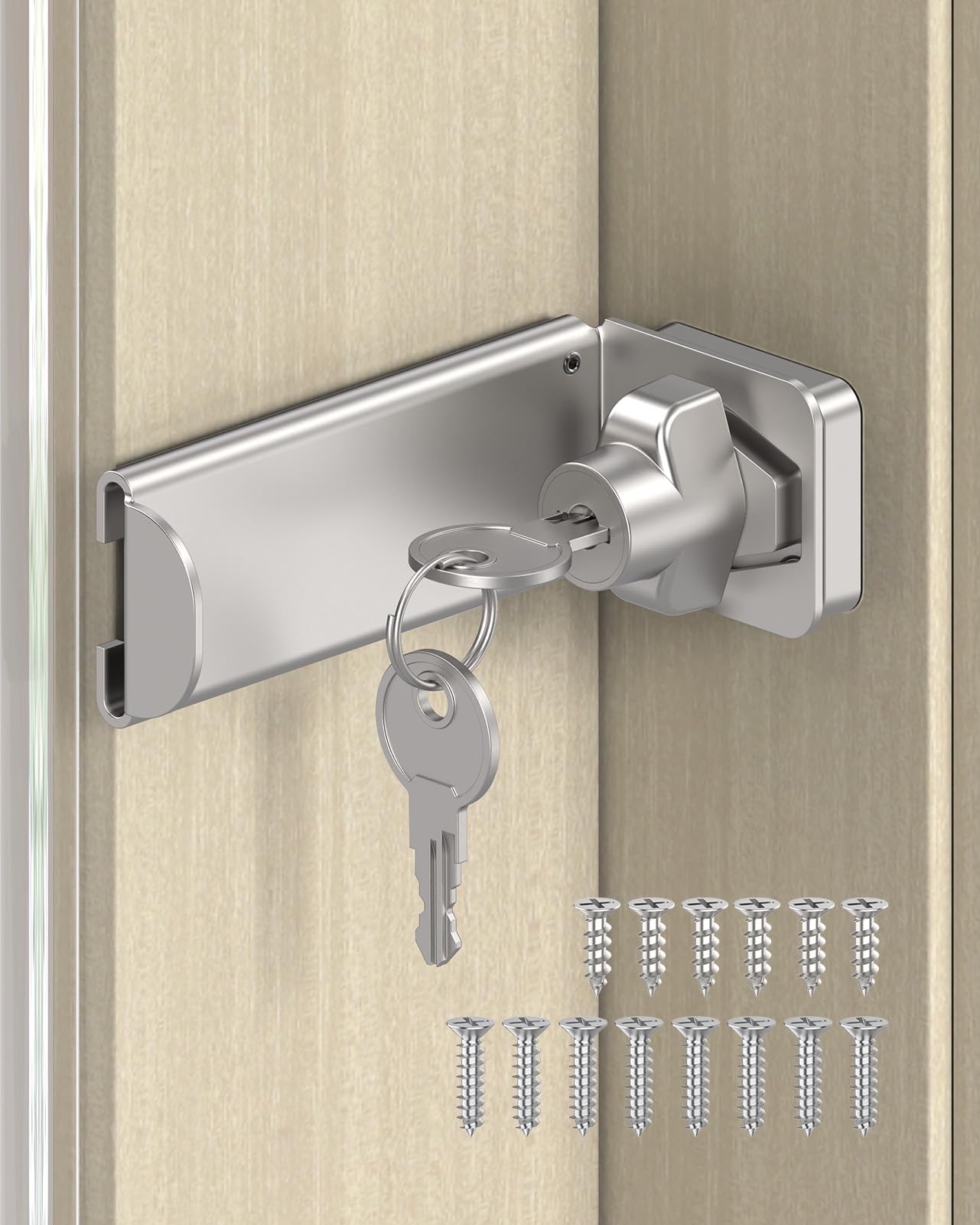 MeBantoo 90 Degree Door Hasp Latch Lock, Home Security Right Angle Latch, Sliding Barn Door Lock for Gate, Bedroom, Fence, Garden (Silver, 3.3 Inch with Key-1 Pc)