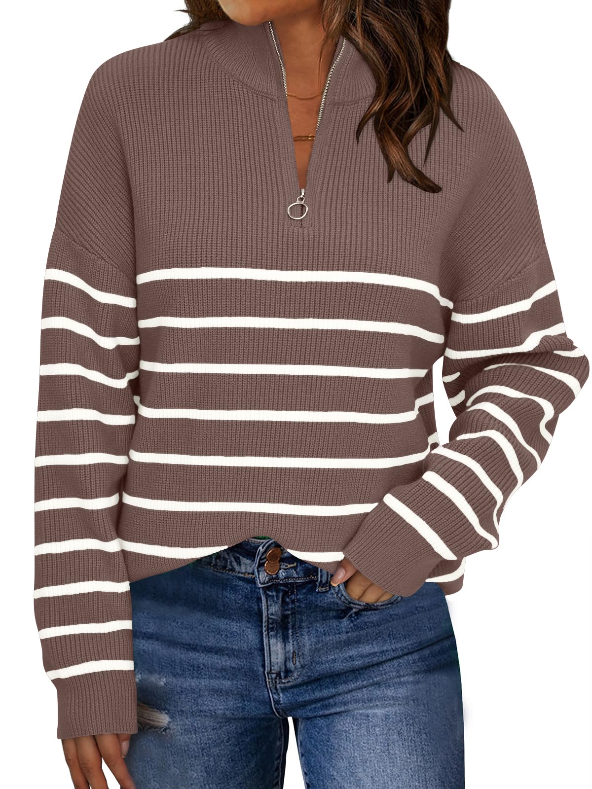 LILLUSORY Women's Quarter Zip Striped Oversized Sweater 2025 Mock Turtleneck Fall Fashion Outfit