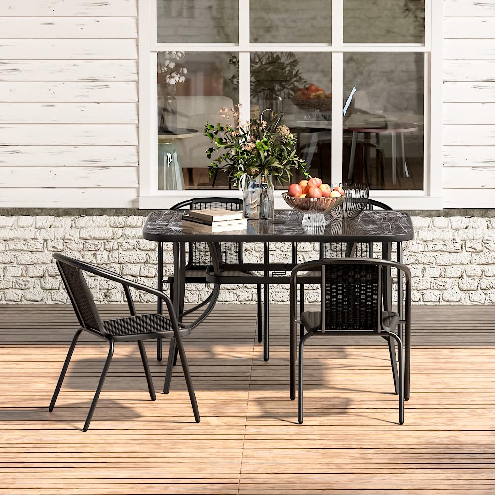 Warmiehomy 5 Piece Garden Dining Table and Chairs 4 Seater Garden Furniture Set Rectangular Tempered Glass Table with Parasol Hole Wicker Stackable Chairs Stone Grain Outdoor Table Set for Patio, Yard