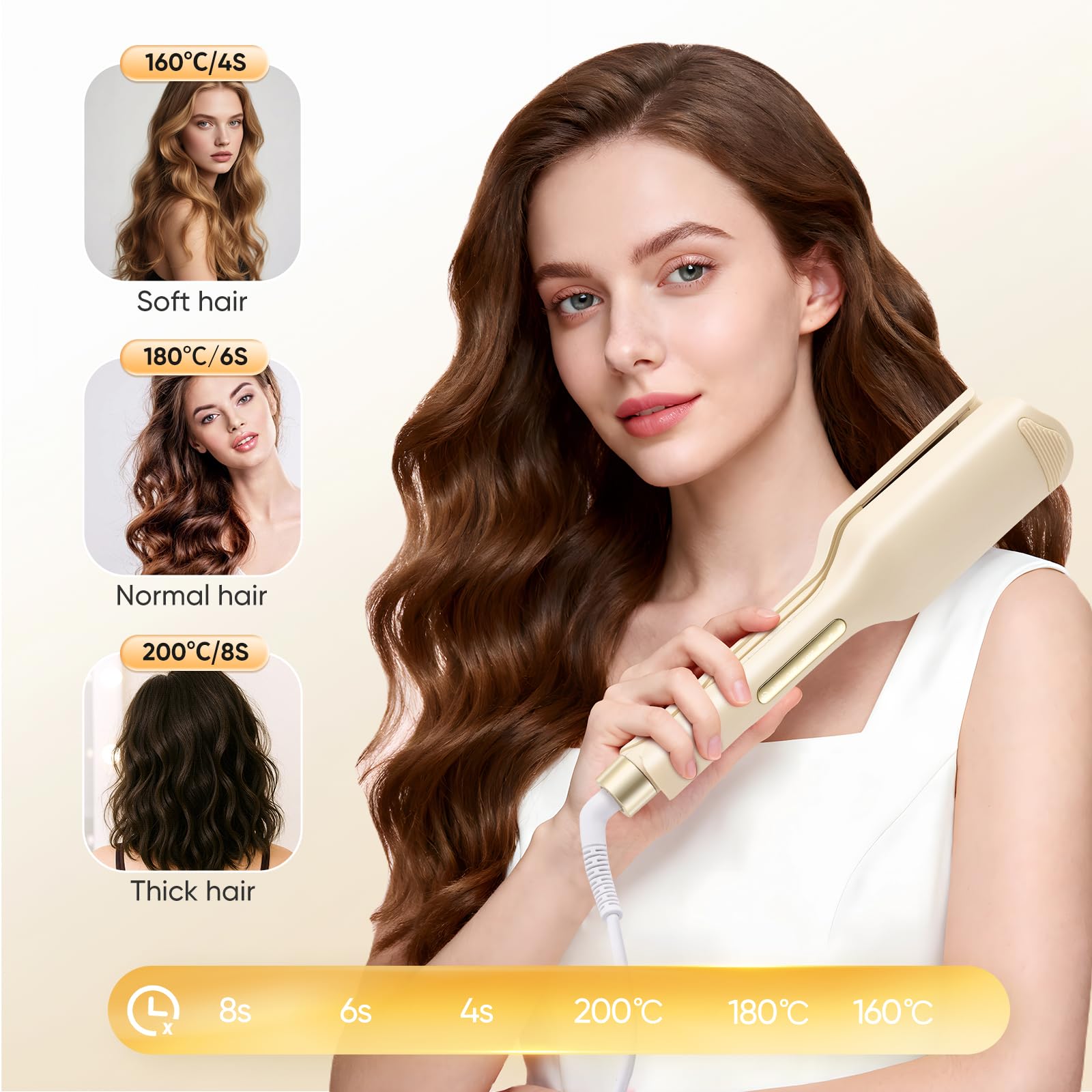 Plancha onduladora para el cabello con grandes ondas de 32 mm, 3 temperaturas ajustables, calentamiento rápido, pantalla LCD, protección contra el calor, temporizador integrado y apagado automático