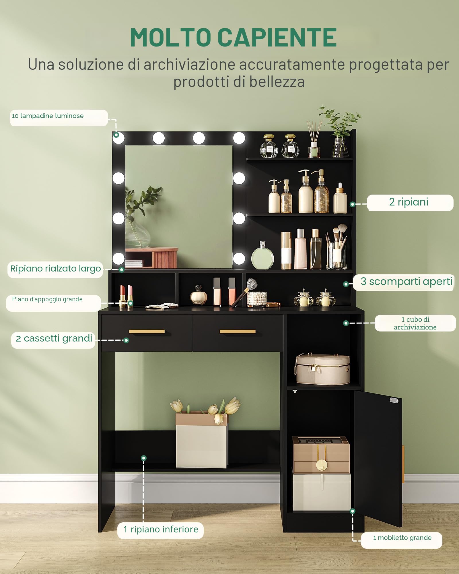 Hzuaneri Toeletta da Trucco, con 10 Luce LED con Luminosità Regolabile, Tavolo da Trucco con Specchio, 2 Cassetti e 1 Armadietto, 3 Ripiani e 4 Scomparti Aperti, Nero DT32506X