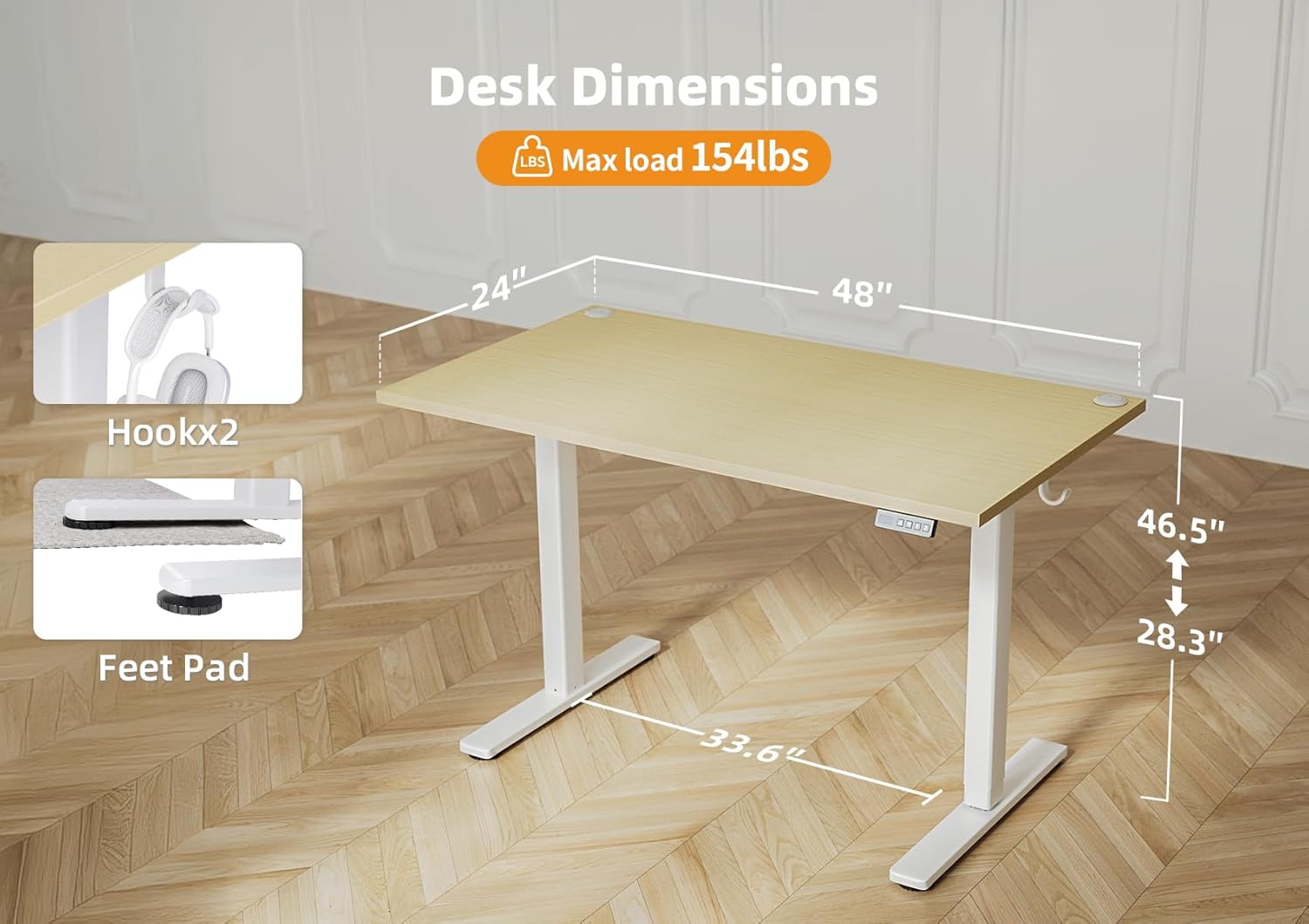 Diagram showing the dimensions of the Seang Electric Standing Desk, including desktop size (48x24 inches), height range (28.3 to 46.5 inches), and maximum load capacity (154 lbs).