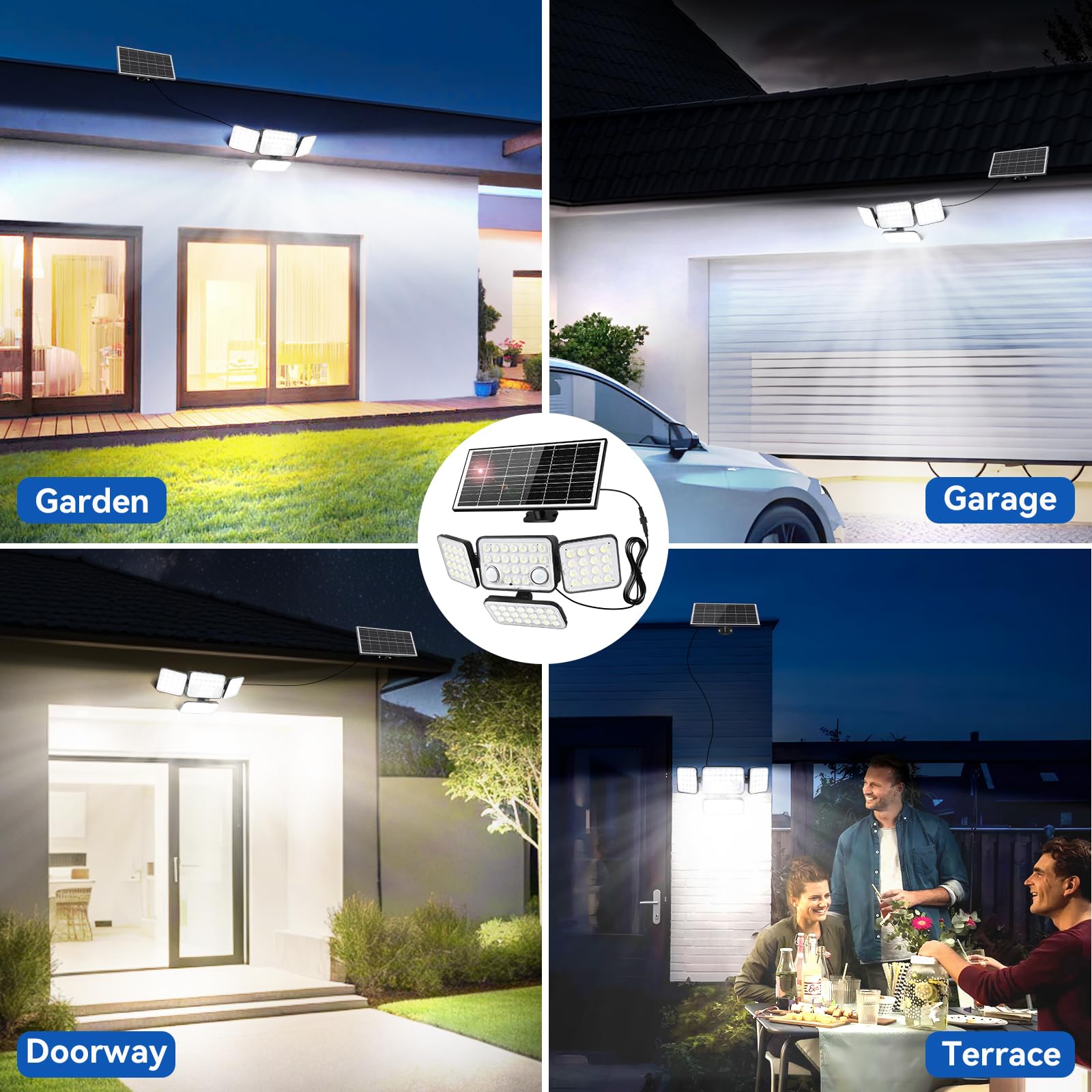 Luci solari da giardino, 292 LED, luci di sicurezza a energia solare, sensore di movimento per esterni, 3 teste regolabili, angolo di illuminazione a 270°, impermeabile IP65, lampada da parete ad
