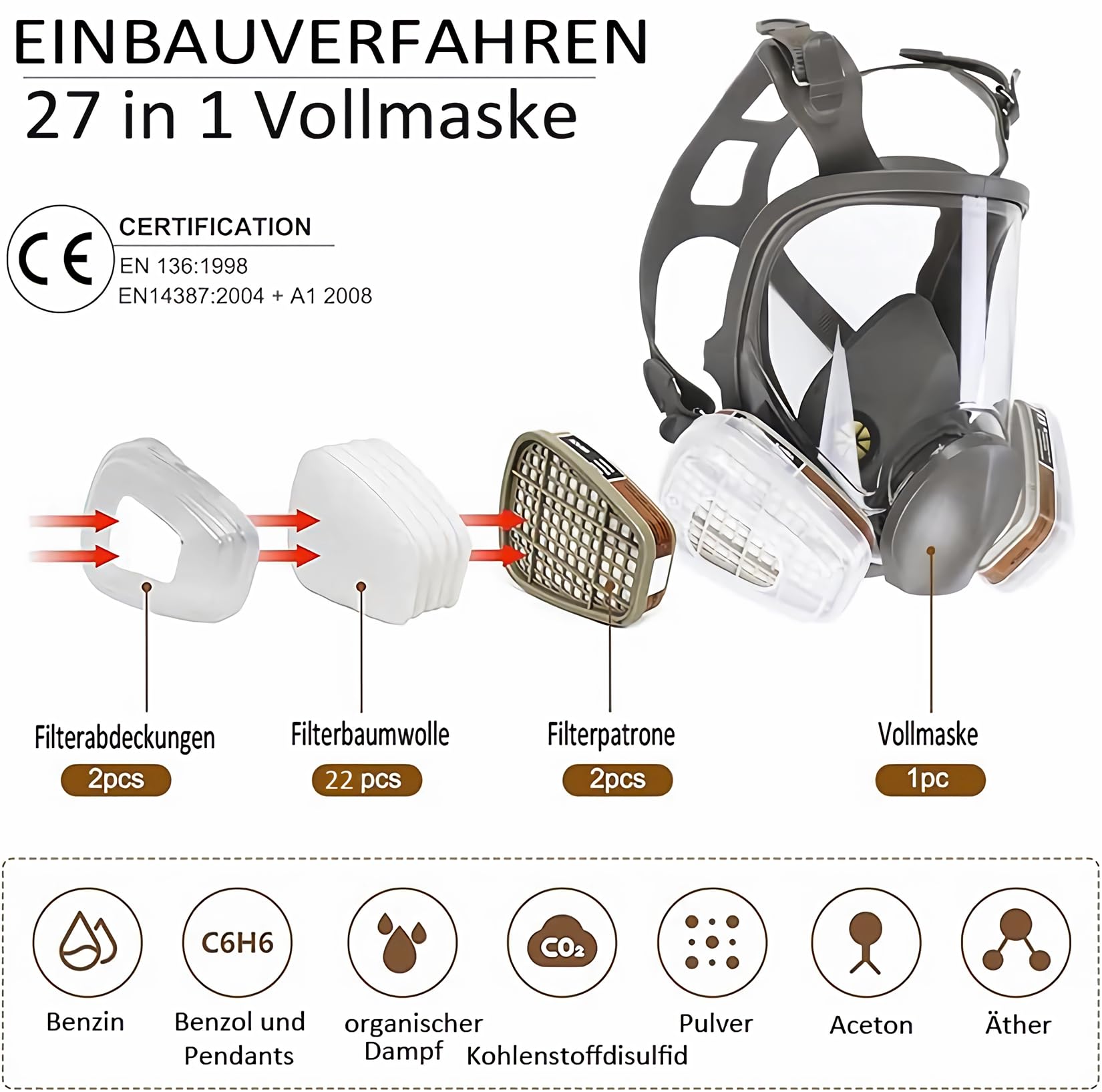 Maschera integrale 27 in 1, riutilizzabile, per vapori organici, gas acidi, umidità, pittura, lucidatura, protezione viso con 22 dischetti di cotone filtrabili, 2 cartucce