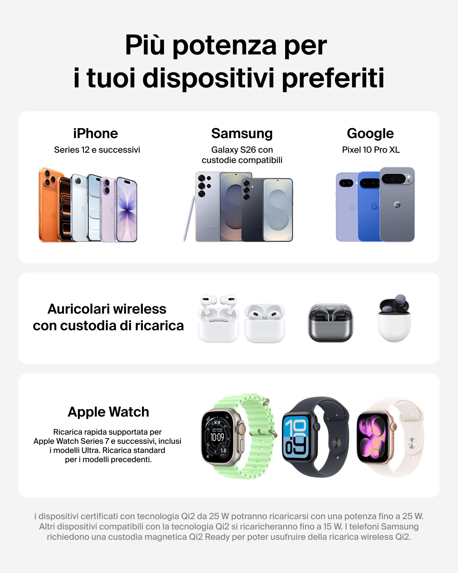 Belkin UltraCharge Caricatore Wireless Qi2.2 25W 3 in 1 - Nero | Caricatore Wireless Magnetico MagSafe, Certificato Qi2.2 per iPhone, Apple Watch, Auricolari, Cavo USB-C e Alimentatore 45W