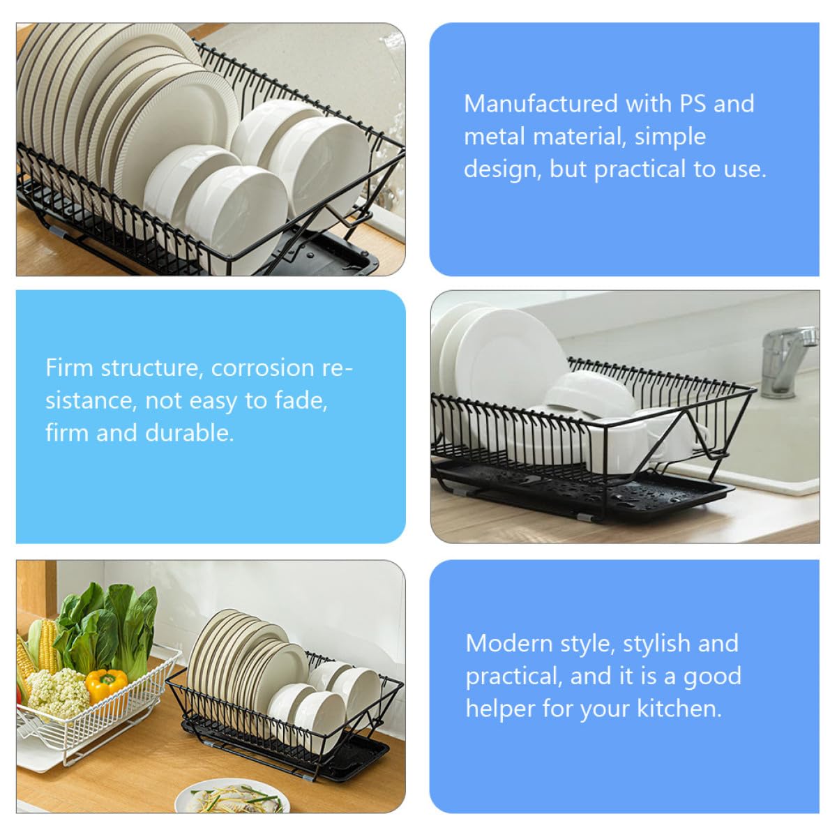 Zerodeko Égouttoir Cuisine en Fer Noir Plateau Amovible, Porte-ustensiles Pratique pour Plan de Travail, Design Moderne et Résistant la Décoloration