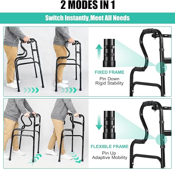 Black Stepped Handrail Walker for Seniors - 6(15CM) Removable Bearing Wheels, 7-Level Height Adjustable,Stand Assist Walker with Storage Bag, Fixed & Flexible Modes,Aluminum Folding Walkers