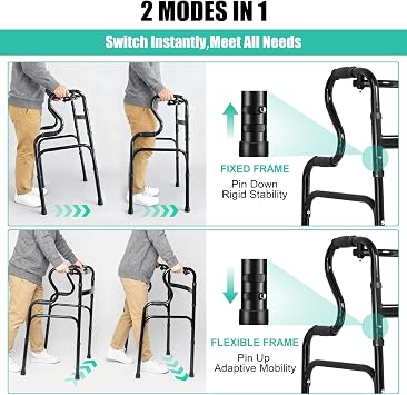 Black Stepped Handrail Walker for Seniors - 6(15CM) Removable Bearing Wheels, 7-Level Height Adjustable,Stand Assist Walker with Storage Bag, Fixed & Flexible Modes,Aluminum Folding Walkers