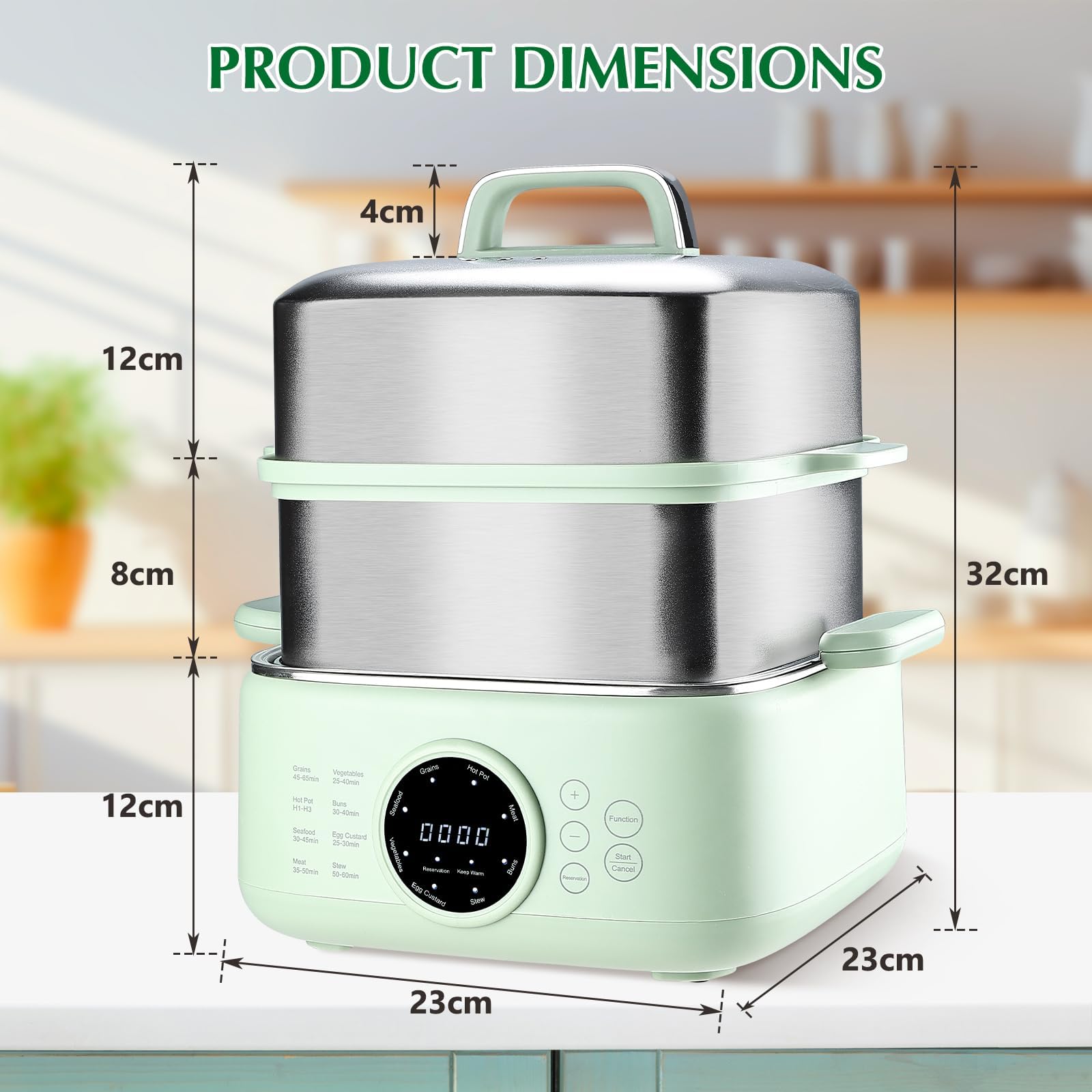 Vaporera Eléctrica con 2 Inox cestas apilables, 1000W vaporización rápida Capacidad 9.3 L 24H Timer, Olla Vaporera mantenimiento del calor 6H, Vaporera eléctrica de cocina 8 modo, Tapa Inox