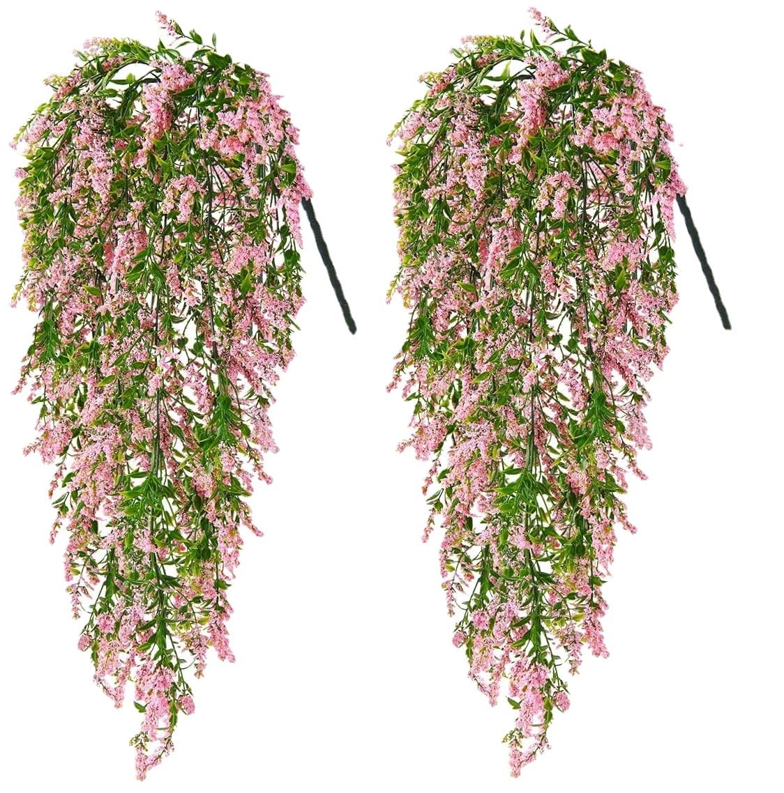 KEAIDUO 2pcs Artificial Hanging Flowers Lavender, 28.7in Fake Hanging Plants Hanging Vine Faux Lavender Flowers for Indoor Outdoor Home Garden Christmas Wedding Party Decoration (Pink)