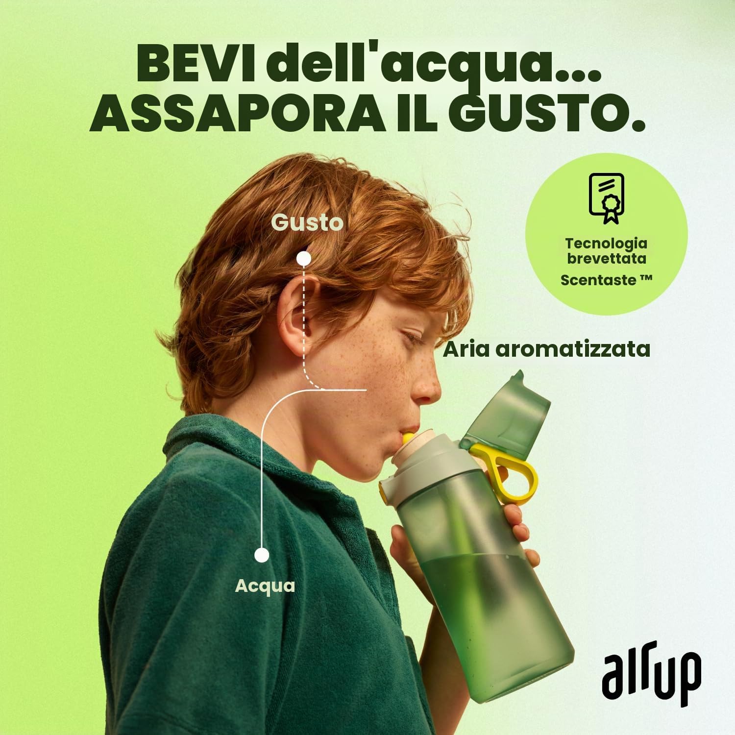 AIR UP Borraccia Click Turtle Green originale con cialde in 5 gusti, borraccia da 600 ml con aroma senza zucchero, lavabile in lavastoviglie, senza BPA
