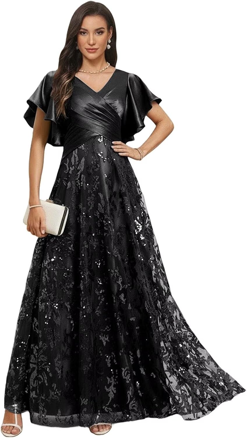 Sequin Mother of The Groom Dress for Wedding V Neck Long Grandmother of The Bride Dresses with Short Sleeve