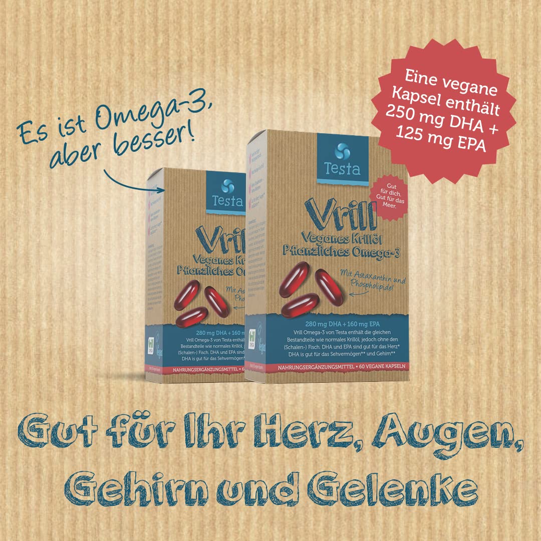 Pflanzliche Krillöl Kapseln - 2X mehr Omega-3 als Krill Öl - DHA 280mg, EPA 160mg, Astaxanthin 1500mcg + Phospholipide 230mg - Beste Absorption - Gut für Gehirn, Augen und Gelenken - 60 Kapseln (1)