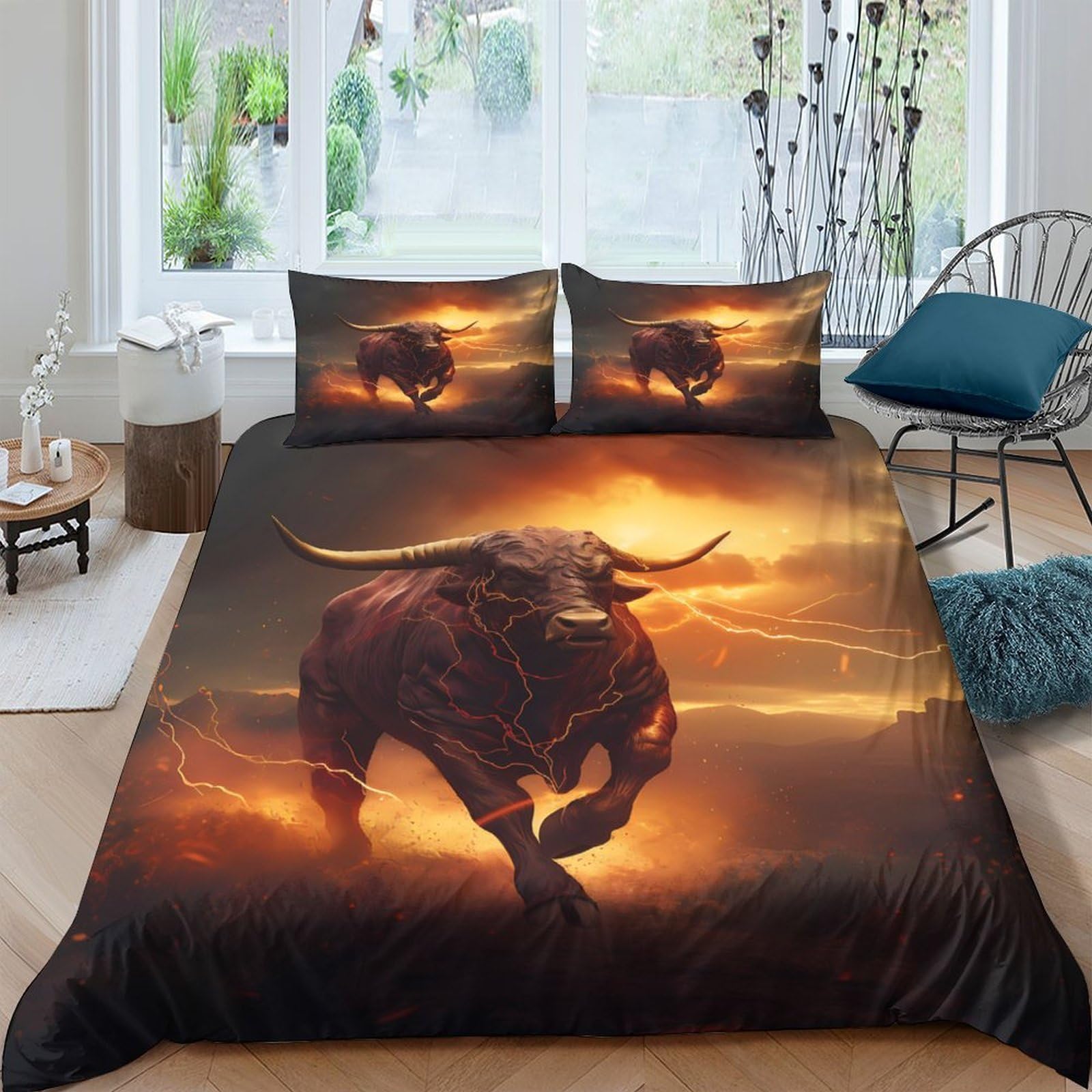 Ctjqhvkz Style-1 3D Printed Wild Bull Fitted Sheet Microfiber Orange Sunset Bed Sheet Anti-Slip Bedroom Decor For Adult Youth Guest Room Single（135X200cm）