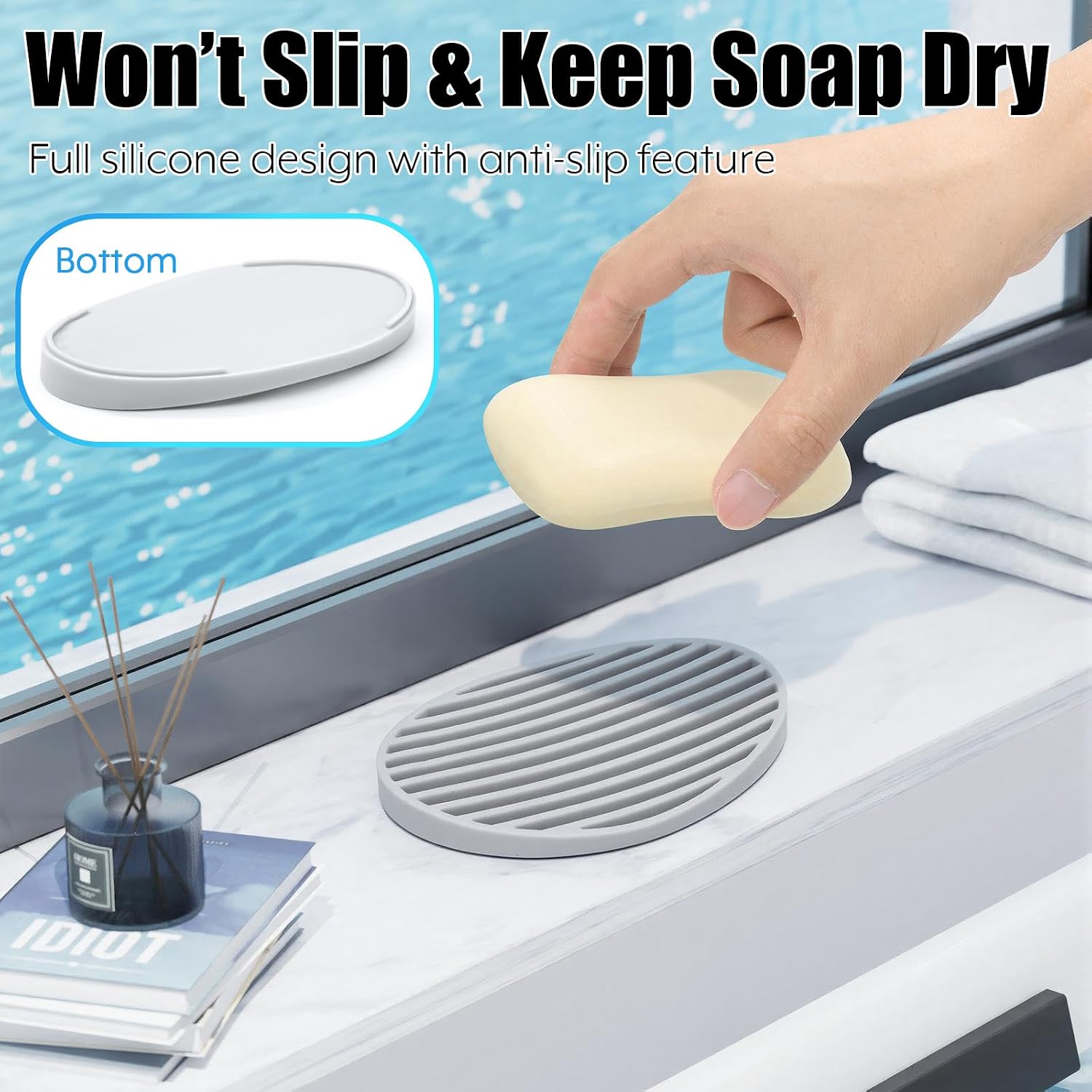 Cosmos 3 Pack Gray Color Oval Shape Silicone Shower Soap Dish Soap Holder Soap Tray