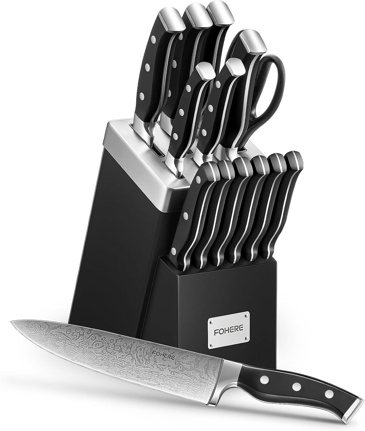 Knife Block Set, FOHERE 14 Pieces Self Sharpening Knife Block Set, Stainless Steel Waved Pattern Knife Set with Block, Rust & Stain Resistant Kitchen Knives and Triple Riveted Handle, Black Knife Block Set, FOHERE 14 Pieces Self Sharpening Knife Block Set, Stainless Steel Waved Pattern Knife Set with Block, Rust & Stain Resistant Kitchen Knives and Triple Riveted Handle, Black