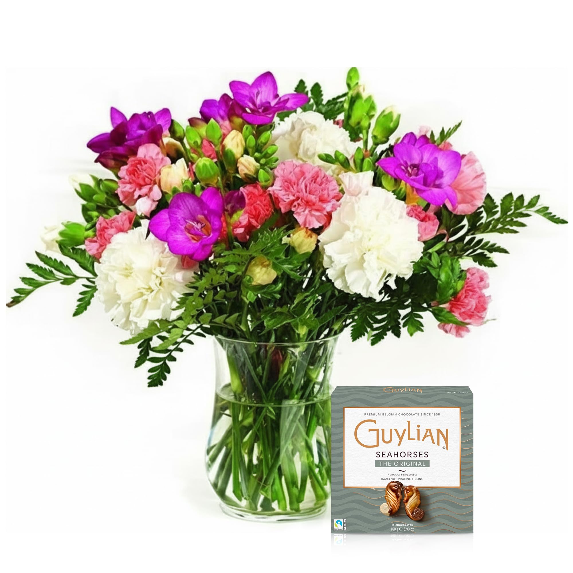 Mixed Colour Carnations & Freesia Bouquet, 20 Fresh Stems | Hand-Arranged Spray Carnations with Freesia, Seasonal Greenery, Chocolates & Gift Card