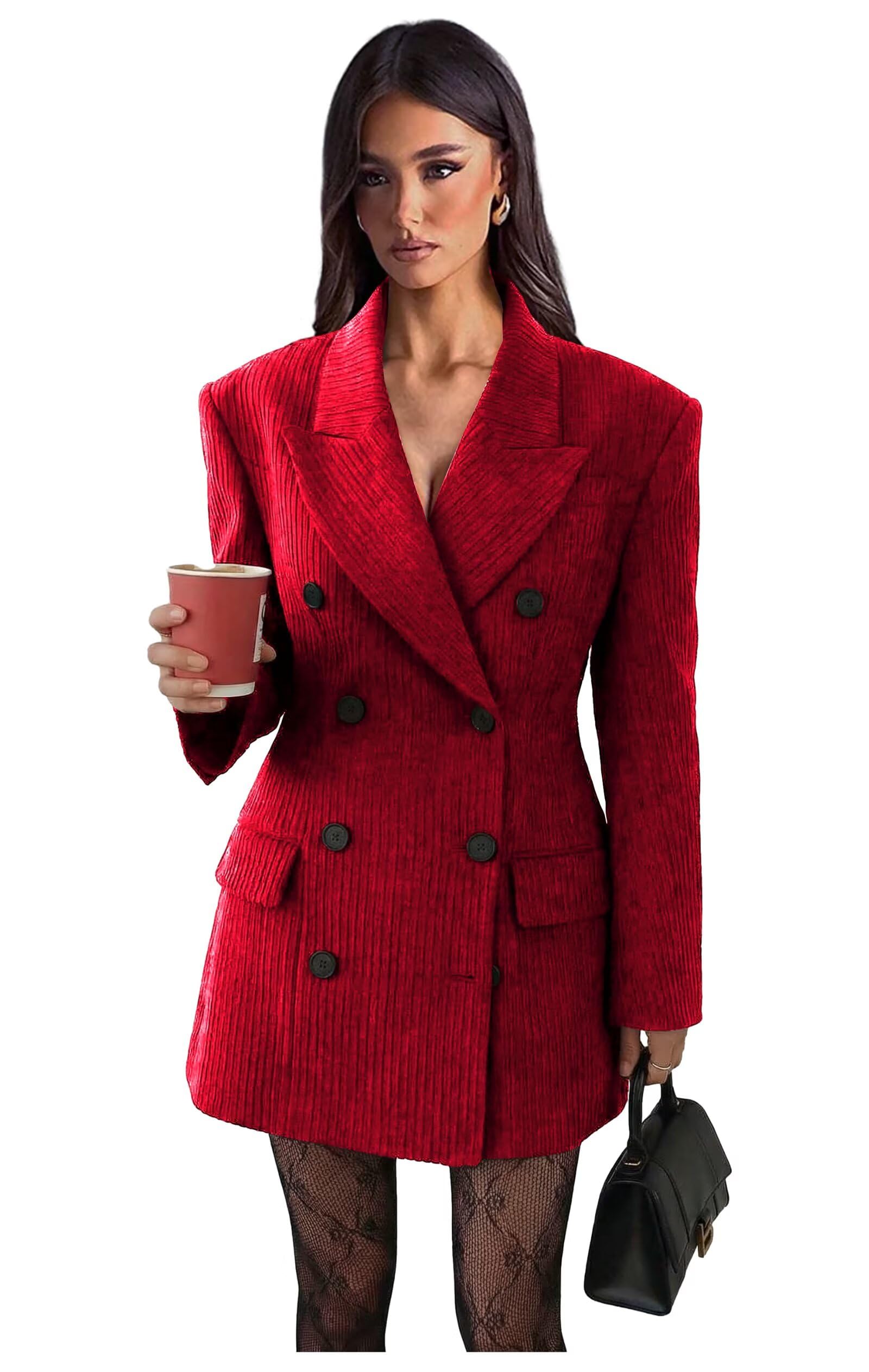 Corduroy Blazer Dress for Women Sexy Elegant Peak Lapel Double Breasted Blazer Dress Long Sleeves Party Suit Dresses