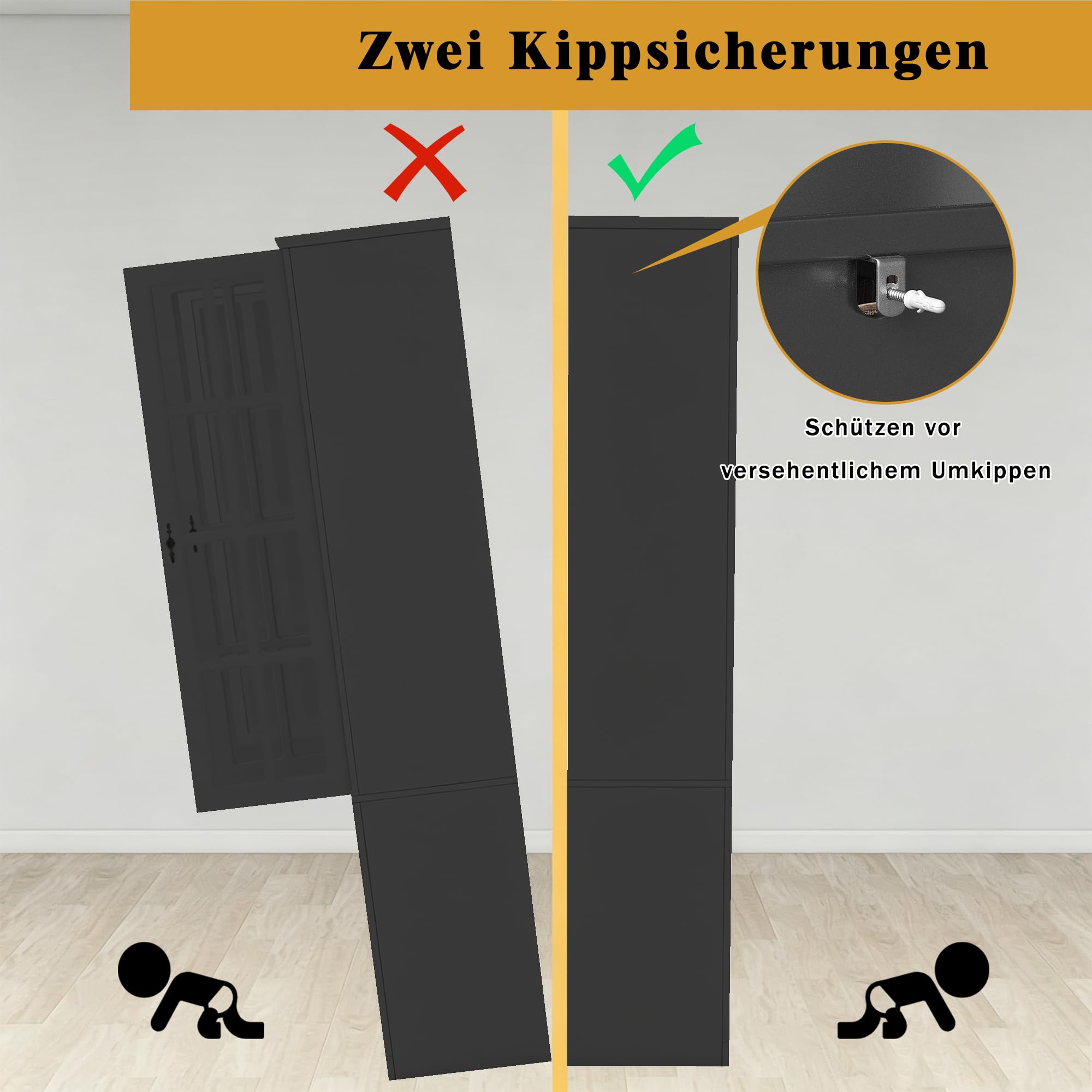 180cm Hoch Küchenschrank mit LED Beleuchtung & Weinregal, Schwarz