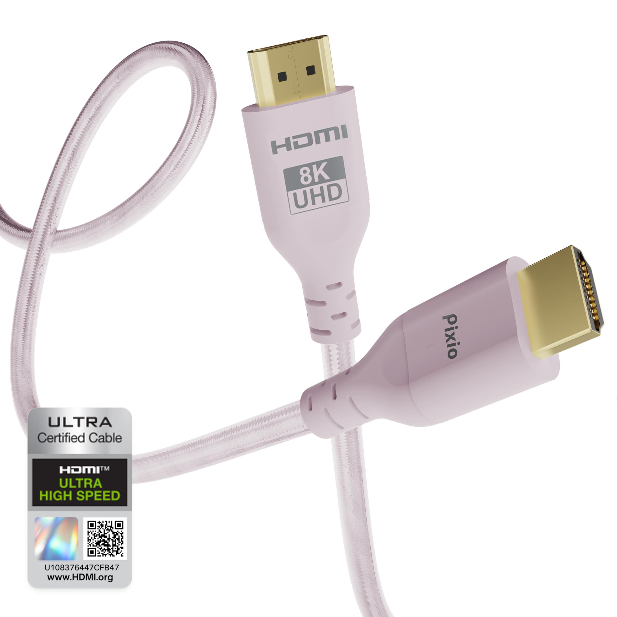 Pixio Pink 8K HDMI 2.1 Cable Ultra Certified Ultra High Speed 6FT 8K 60Hz 4K 120Hz Nylon Braided, Gold Plated Connector, Anti-Breakage, HDR10+, dtsx, eARC, HDCP, Dolby Compatible