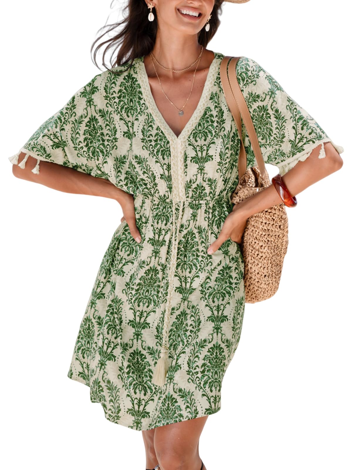 CUPSHE Robe Femme Été Courte Bohème Col V Imprimé Cachemire Mini Robe de Plage Manches Chauve Souris avec Pompons Tunique Fluide Vacances Casual Décontracté Soirée