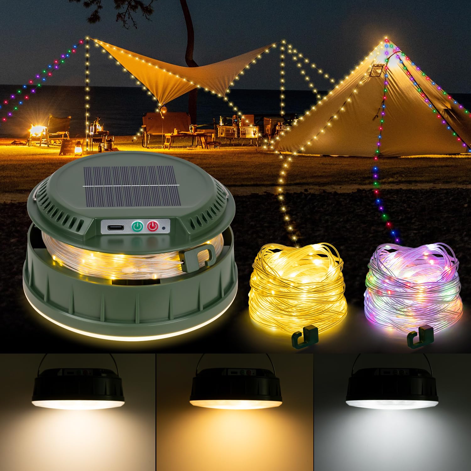 BlueYu Solar Camping String Lights, 32.8 FT String Light with 13 Modes, 4 in 1 Waterproof Camp Lamp, Solar/Type-C Powered, Hanging Rechargeable Tent Lantern for Camping, Party (Green)
