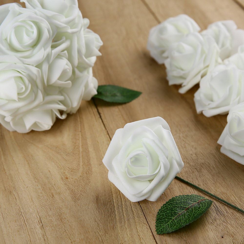 Febou Artificial Flowers, 100pcs Real Touch Artificial Foam Roses Decoration DIY for Wedding Bridesmaid Bridal Bouquets Centerpieces, Party Decoration, Home Display (Concise Type, White)