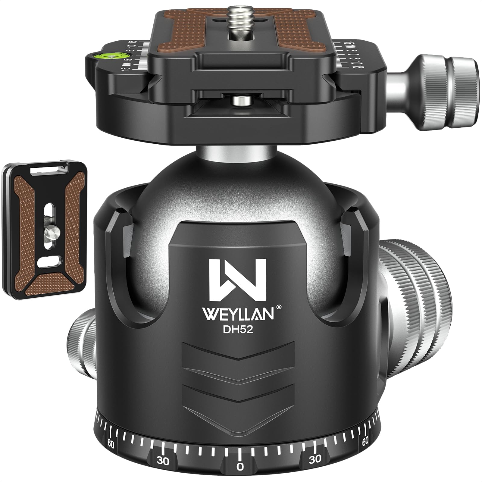 Low Profile Ball Head 52mm Tripod Head WEYLLAN DH52 Camera Head Mount, CNC Heavy Duty Ball Head with Two 1/4" Quick Release Plates, Panoramic Ballhead