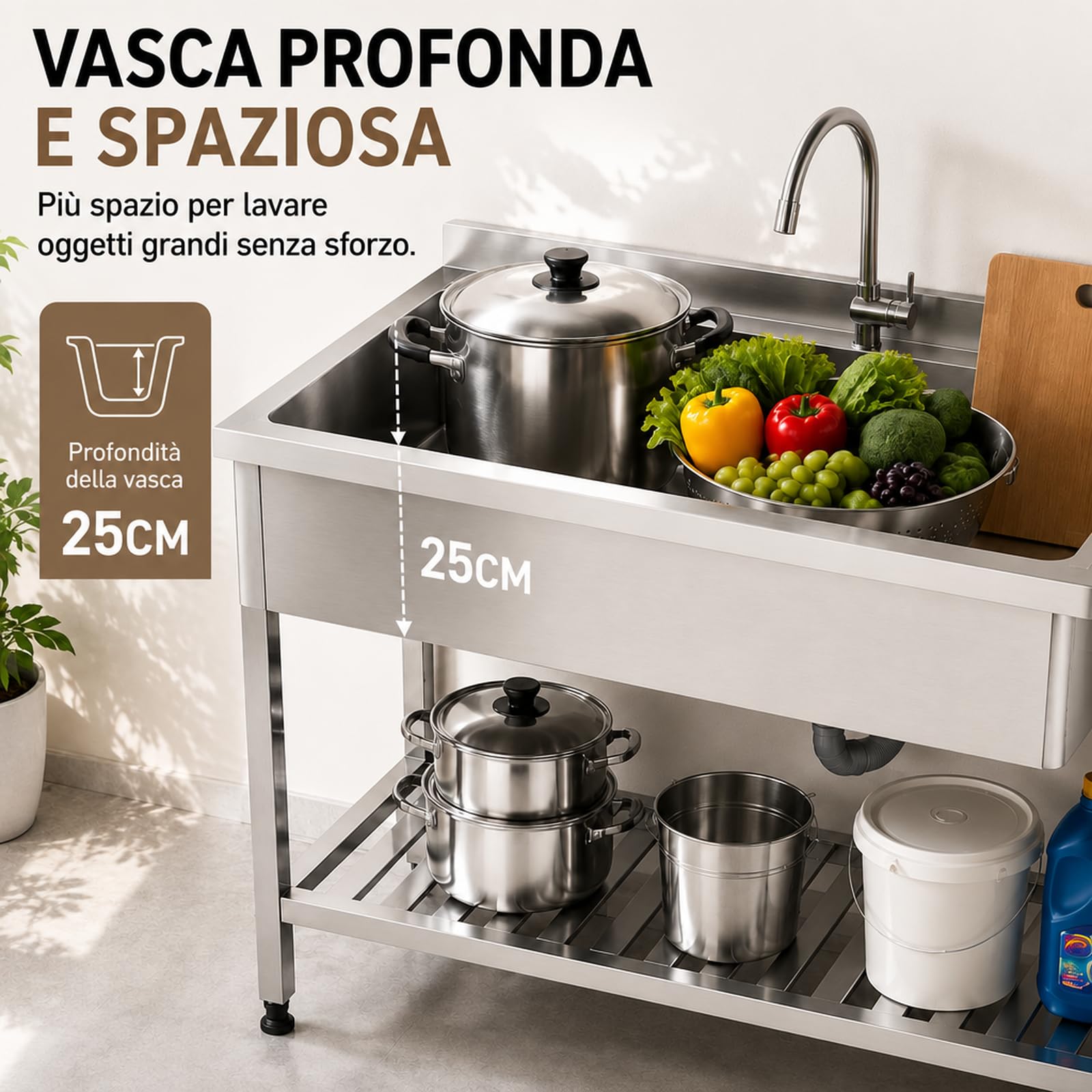 Lavello Cucina Autoportante Argento in Acciaio Inox con Rubinetto