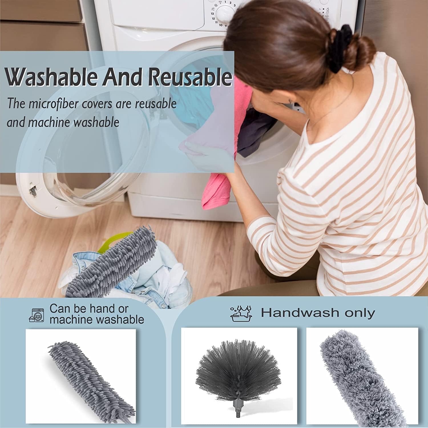 3 in 1 Duster Microfiber Feather Duster 4PCS Bendable Extendable Fan Cleaning Duster with 100 inches Expandable Pole Handle Washable Duster for High Ceiling Fans,Window Blinds, Furniture (Gray) 3