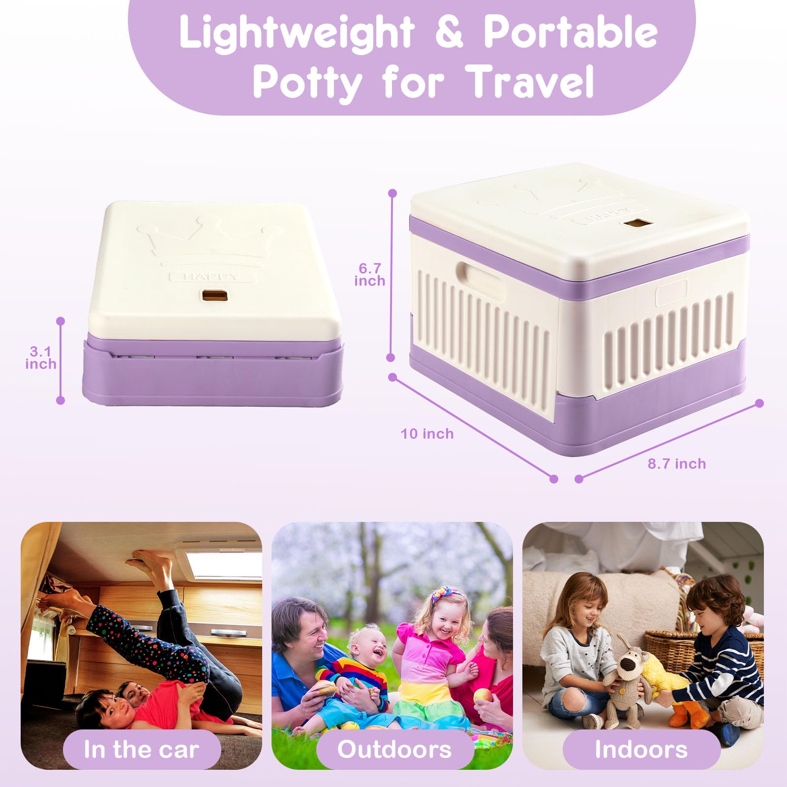Vasino portatile da viaggio per bambini, pieghevole, da viaggio, per bambini, WC di emergenza per auto, campeggio, esterni, interni, con 45 sacchetti usa e getta, viola