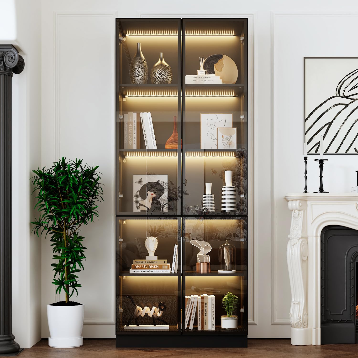 Vitrina de cristal con iluminación, vitrina colectora, vitrina de pie, vitrina de cristal, color negro, 175,5 x 50 x 23 cm, cristal templado + marco de aluminio