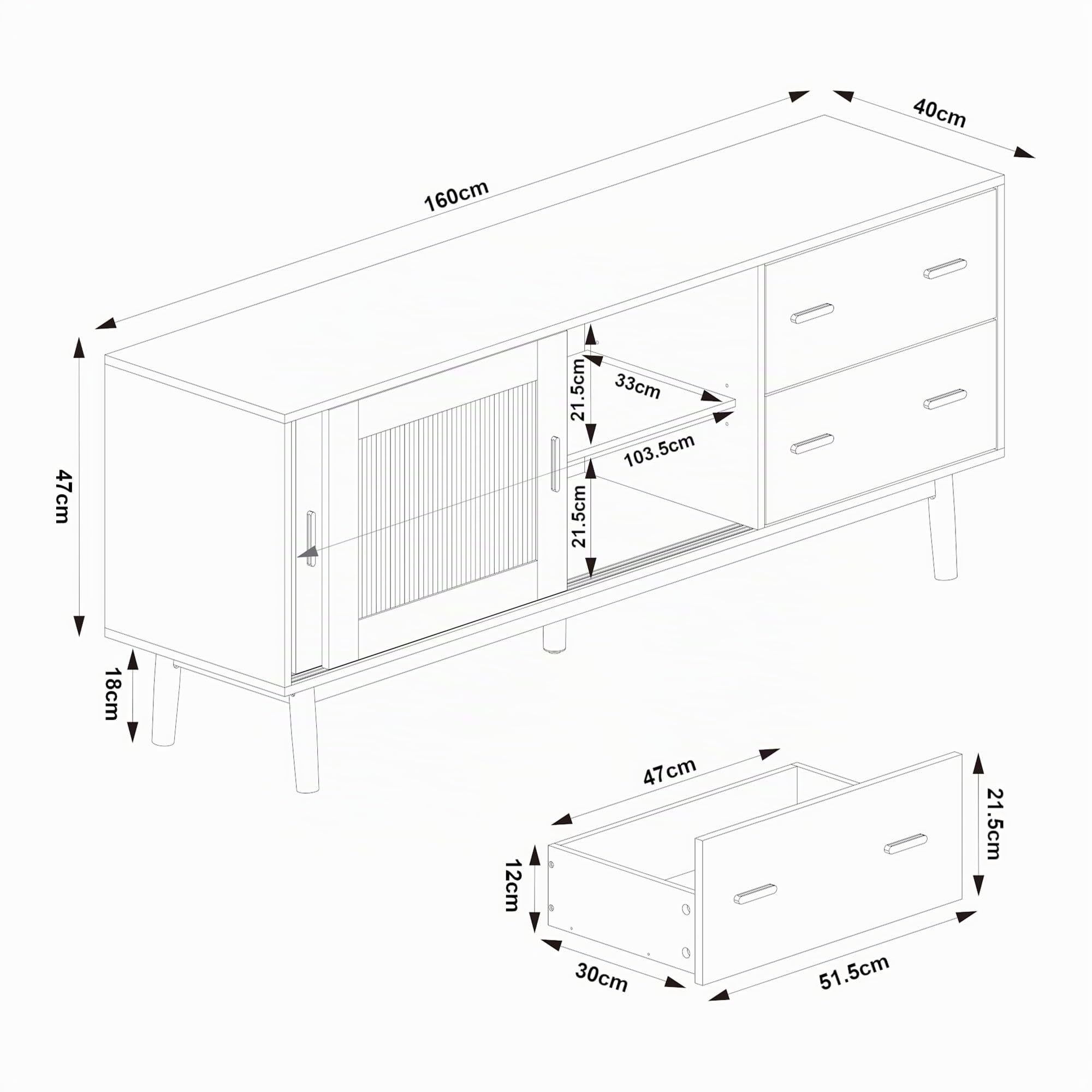 [en.casa] Mueble de TV Susa con 2 Puertas Corredoras de Vidrio y 2 Cajones Mesa de TV Mueble de Salón con Tablero Rectangular MDF Patas de Pino 160 x 40 x 65 cm - Gris