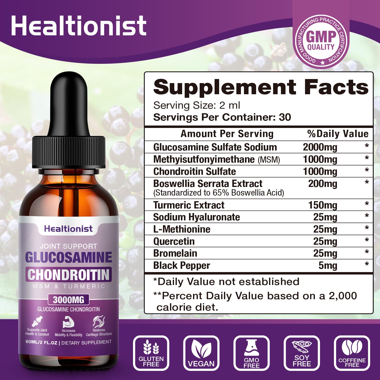 1 Pack Glucosamine Chondroitin MSM Liquid Drops, Extra Strength Joint Support Supplement for Adults Men & Women, Quercetin Boswelia, Bromelain, Antioxidant Immune Support (2 Fl oz) — Amazon image 2