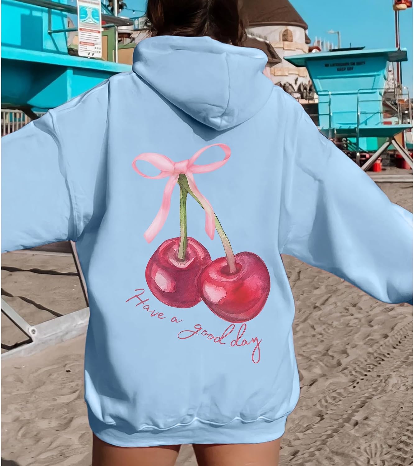 Tuislay Womens Cute Cherry Graphic Hoodie Ribbon Bow Printed Sweatshirt Drop Shoulder Aesthetic Pullover Hoodies With Pocket - Image 5