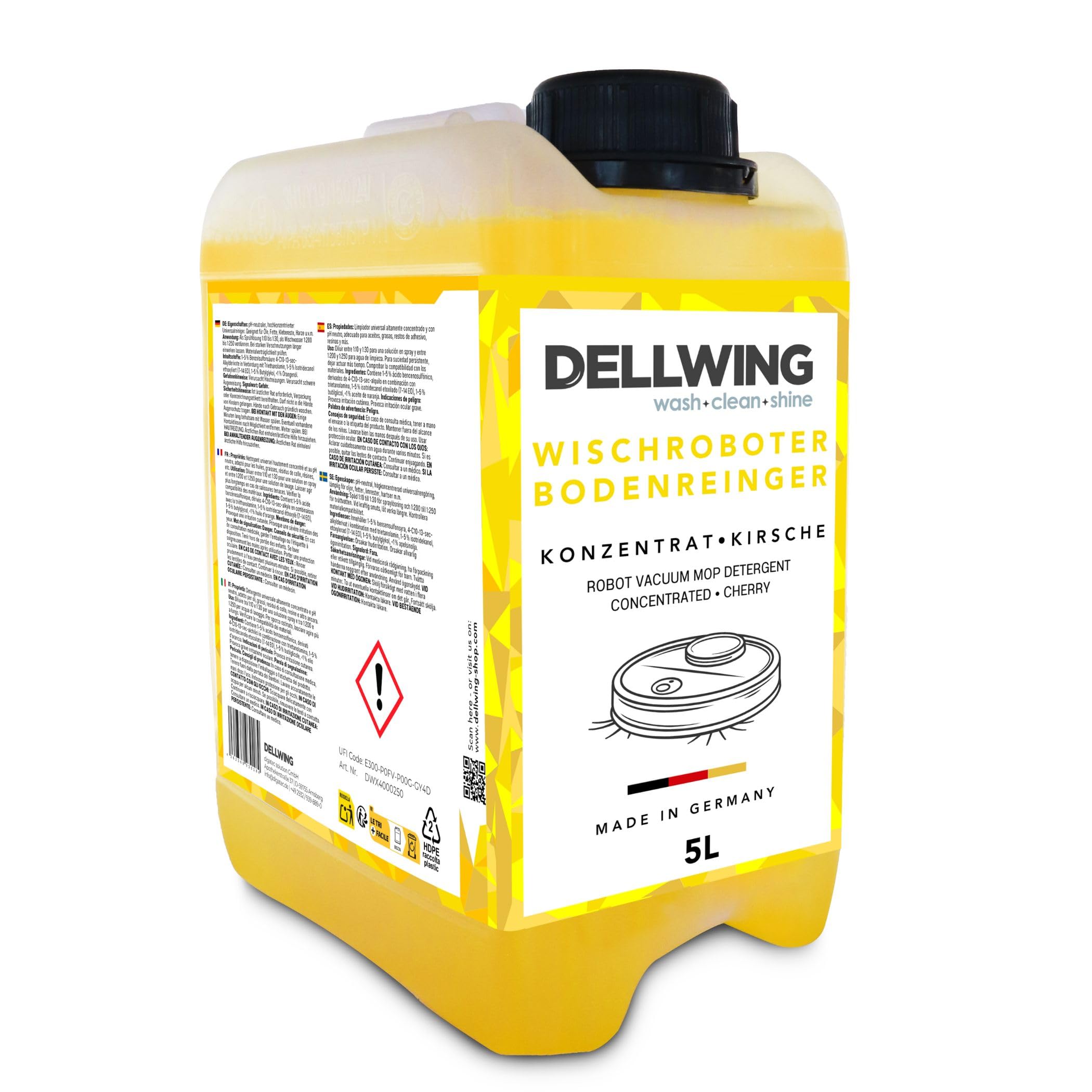 Dellwing Limpiador para robots de fregado concentrado 5 l, limpiador de suelos para todo tipo de superficies con aroma a cereza, fabricado en Alemania