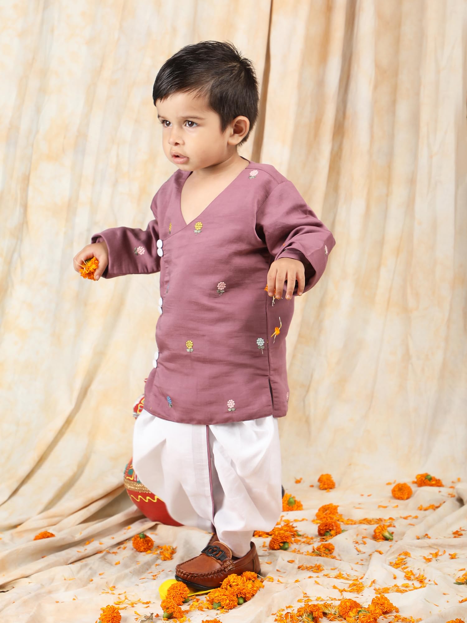 POLKA TOTS Full Sleeve Angrakha Kurta and Dhoti Set - 100% Cotton Traditional Ethnic Wear for Boys Ethnic Print | Baby Boy Kurta Pyjama for Weddings & Festivals (Mauve Flower Embroidery, 2-3 Y) 2