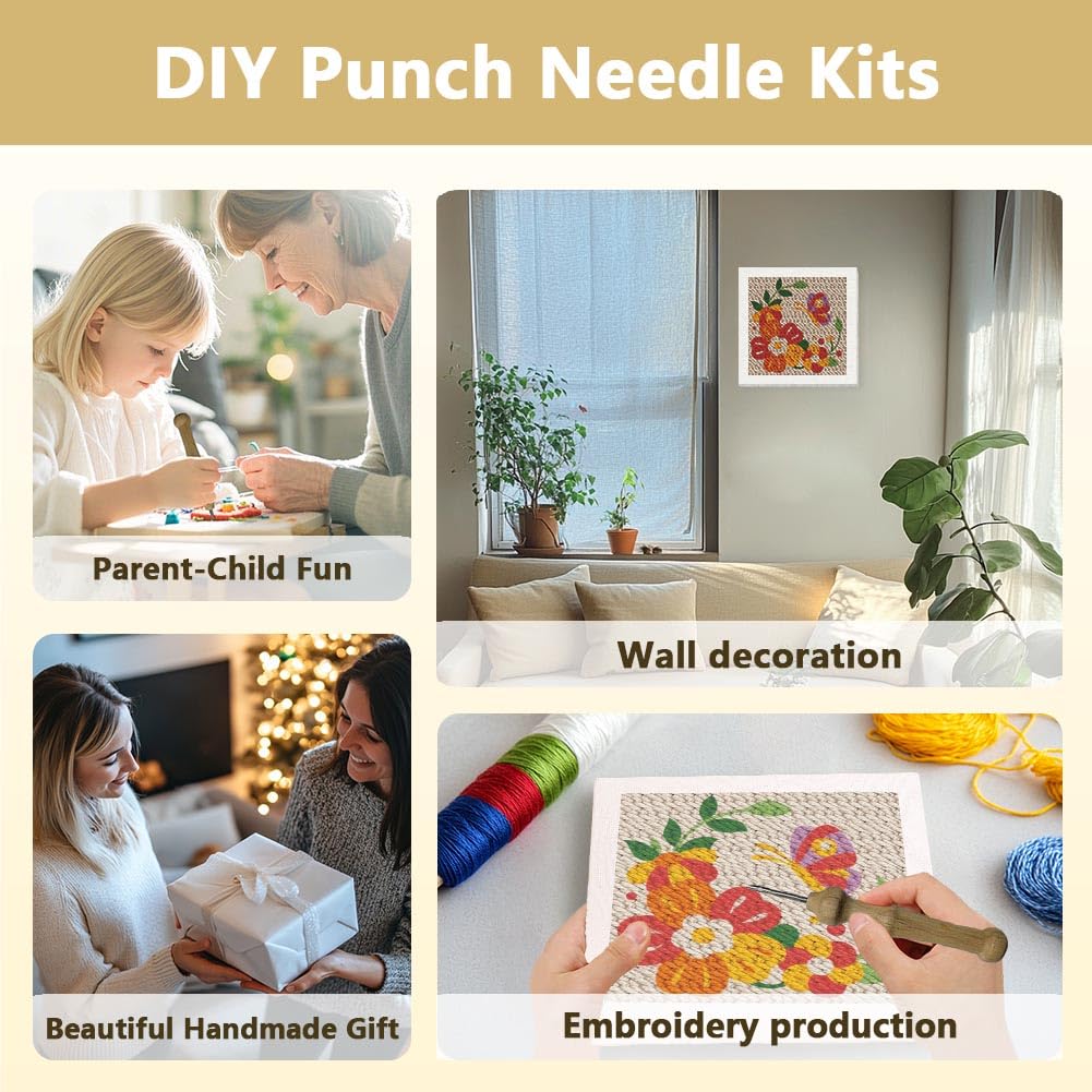 DOODLREAM DIY Punch Needle Embroidery Kit for Adult Beginner 24cm Flower and Butterfly Punch Stitching Craft Set for Starter with Frame Fabric Pattern - Image 4